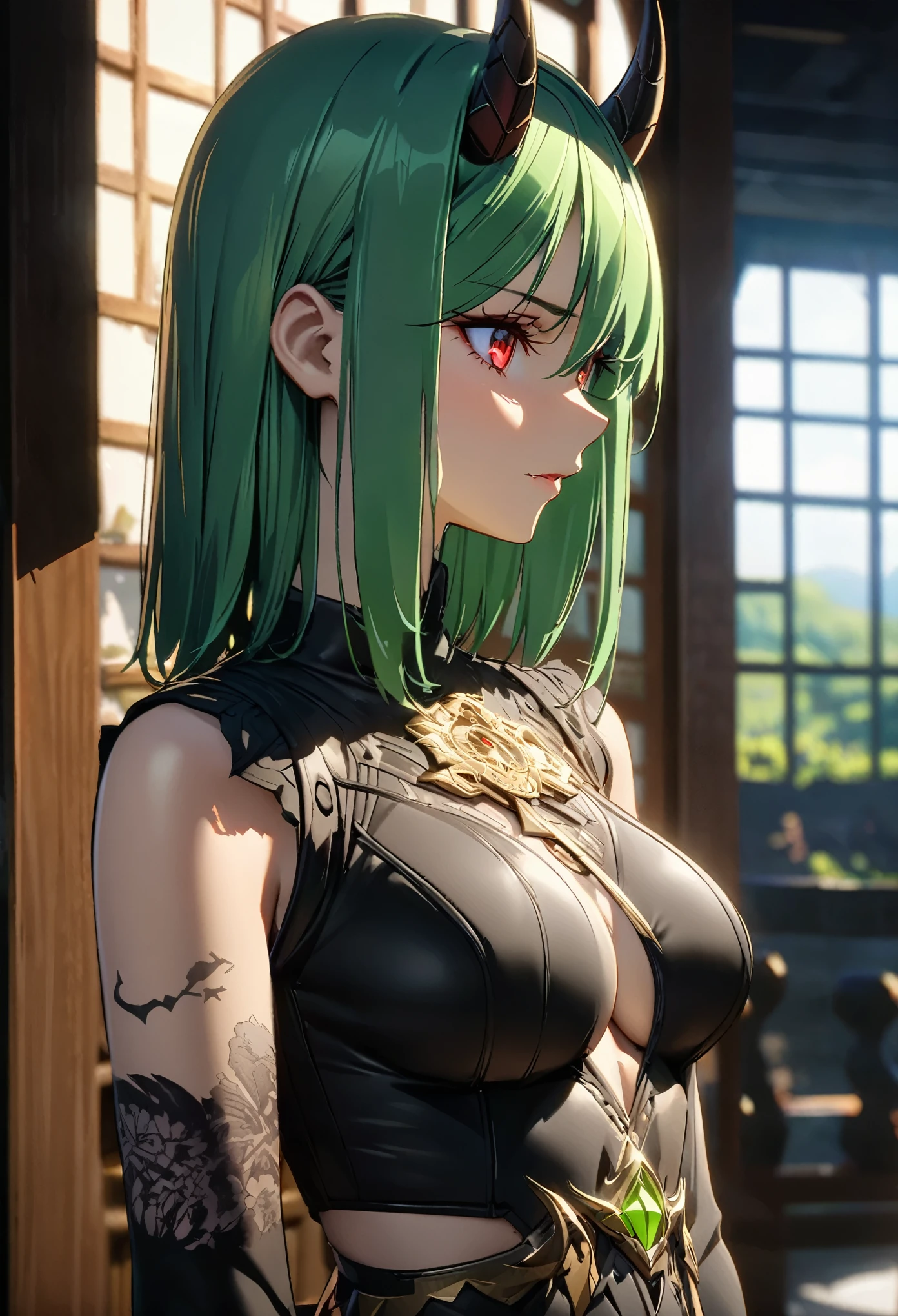 ((solo)), (woman), red eyes, lime green hair, very short hair, straight hair, (sculpted body), medium breasts, thick, (30 year old), demon horns, oni horns, tattoos, demon girl, a close up of a person on a village under the sunrise, detailed key anime art, casimir art, masamune shiro, masamune, beautiful woman in demon slayer art, heise jinyao, shadowverse style, (no logos), (pants, dark shirt), eye reflection, depth of field, cinematic lighting, ray tracing, depth of field, cinematic lighting, ray tracing, UHD, high details, best quality, highres, high quality, award winning, super detail, masterpiece, 8k, UHD, high details, best quality, highres, high quality, award winning, super detail, masterpiece, 8k