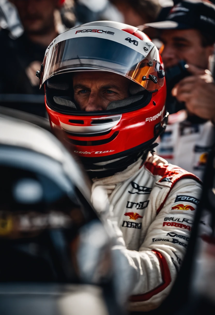 Porsche decide crear su propio equipo de carreras para derrotar a Ferrari en Le Mans. El estilo es hiperrealista, fotorrealista, cinematography, Hermoso UHD