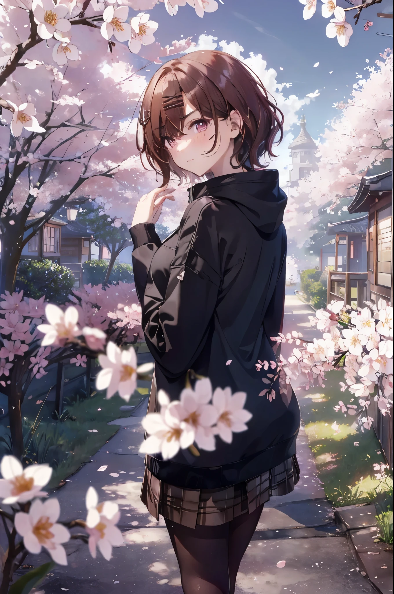 ((highest quality)), ((masterpiece)) (best image quality, masterpiece:1.2), (super detail drawing),(from behind:1.4), from above、(face focus:1.4), A kaleidoscope of vibrant blossoms and enchanting cherry trees々surrounded by、A girl stands in a breathtaking city landscape。(Walking through the cherry blossom district:1.2),(sky scraper:0.6) ,The starry sky above is illuminated with mysterious colorful lights, Create a fantastic atmosphere, BREAK ①Quality:(1girl:1.3),(Perfect hands:1.3),(Perfect Anatomy:1.3), (master piece:1.3),(best quality:1.3), detailed,8k ②th:high resolution,beautiful detailed eyes, cute eyes, sparkling pupils, Intricate Iris Details, Captivating Eye Reflections, Sparkling Highlights in the Eyes, Depth and Dimension in the Pupils, Subtle Color Variations in the Iris, Meticulous Eyelash Details, detailed eyes, ③Lighting:Best Illumination, Part ④⑤: ultra-detailed face,detailed skin, ⑥Body shape:(slender body type:1.3), Seven heads, small head, ⑦Skin: ⑧Expression:(blush:1.1), looking back, waiting for a kiss, ⑨Style: BREAK 10. Subject:aamadoka,(mole under eye:0.8),short hair,bangs,hairclip,black sweater,hood,long sleeves,collared shirt,plaid skirt,grey skirt,(black pantyhose:1.4), thighband pantyhose,loafers,brown footwear, short hair、bangs、Hair clip ⑪Hair: shiny hair, floating hair, short hair, brown hair, mole under eye, mole, hair ornament, hairclip, BREAK ⑪髪: shiny hair, floating hair, short hair, brown hair, mole under eye, mole, hair ornament, hairclip, BREAK ⑫Environment: ⑬Composition: ⑭Costume : piercing, (wrinkles between eyebrows:1.3)、