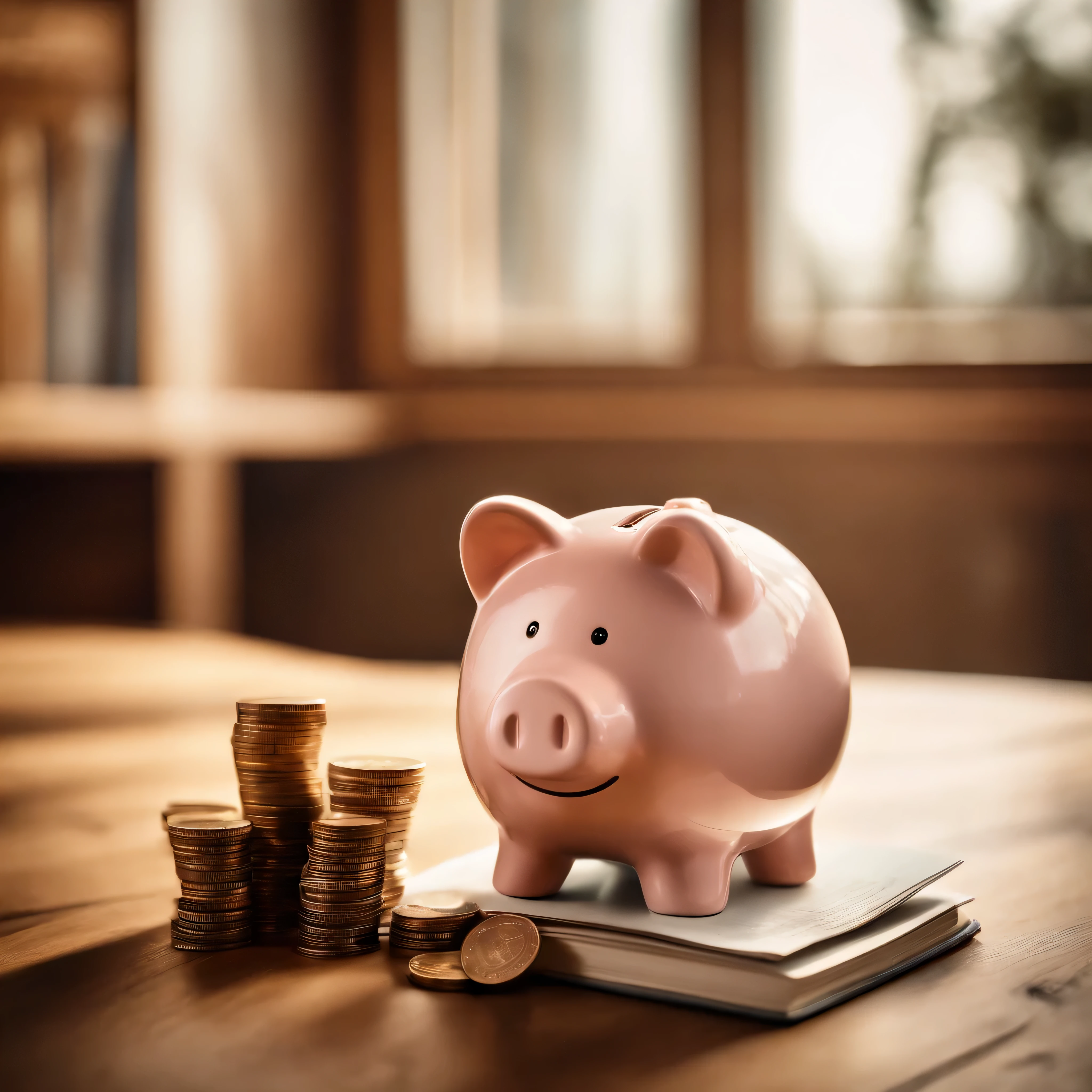 ultra-detailed,highres,(best quality,4k),Panoramic image,man hand holding piggy bank on wood table,money saving,financial investment,piggy bank with coins,wood texture,strong natural wood colors,bookshelf in the background,room with large windows,natural sunlight pouring in,coin slot on top of piggy bank,man's hand with details of skin texture,fingerprints on the piggy bank,coins shining brightly,close-up of the piggy bank,sharp focus on the details of the table,polished wood surface,grains of the wood visible,sunlight casting shadows on the table,light reflections on the piggy bank and coins,dark wooden bookshelf with books and decorative items,comfortable reading chair in the room,dusk lighting in the background,soft warm colors,calm atmosphere,reflecting on financial goals and savings.