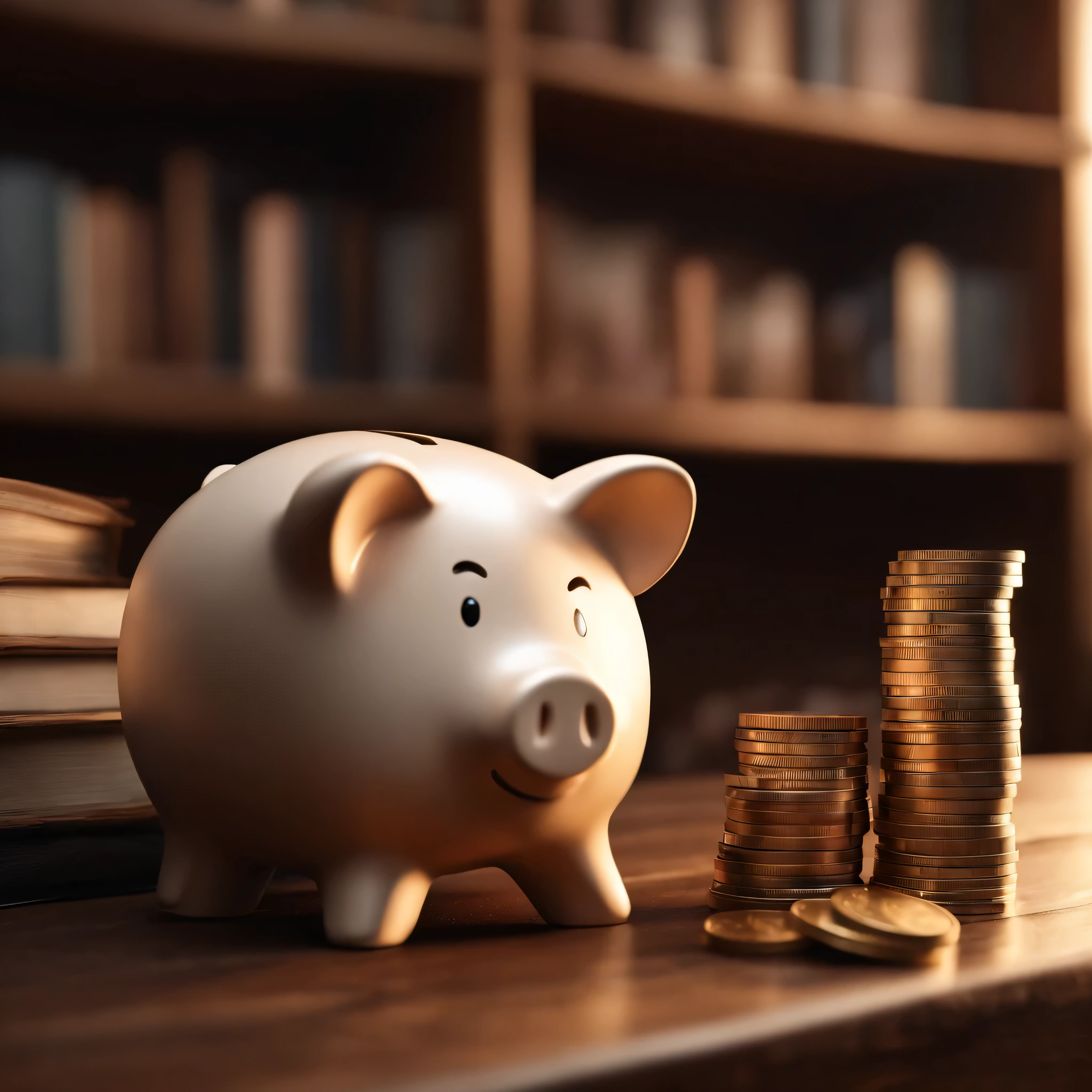 ultra-detailed,highres,(best quality,4k),Panoramic image,man hand holding piggy bank on wood table,money saving,financial investment,piggy bank with coins,wood texture,strong natural wood colors,bookshelf in the background,room with large windows,natural sunlight pouring in,coin slot on top of piggy bank,man's hand with details of skin texture,fingerprints on the piggy bank,coins shining brightly,close-up of the piggy bank,sharp focus on the details of the table,polished wood surface,grains of the wood visible,sunlight casting shadows on the table,light reflections on the piggy bank and coins,dark wooden bookshelf with books and decorative items,comfortable reading chair in the room,dusk lighting in the background,soft warm colors,calm atmosphere,reflecting on financial goals and savings.