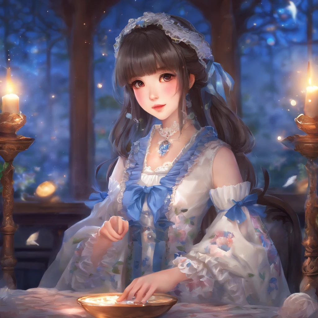 great details, 8k photo, hyper realism, professional lights, reality的な背景, visual depth, background bokeh, wide angle lens, full body, (1 Cute, ), 1 girl, masterpiece, 1 beautiful girl, puffy eyes, highest quality, 超High resolution, (reality: 1.4), original photo, 1 girl, small lips and plump lower lip, Japan, asian beauty, super beautiful, beautiful skin,doing card fortune telling,candle light in a dark room, (超reality的な), (High resolution), (8K), (very detailed), (best illustration), (Super detailed) , detailed face, Wearing a blue hooded robe or cloak, bob hair, black hair, 46 point diagonal bangs,I have a card , mysterious atmosphere,Hairstyle and facial expression, (ta fashion: 1.5), (race, ruffle shirt, white petticoat,), (stuffed toy), Cute backpack, fashion