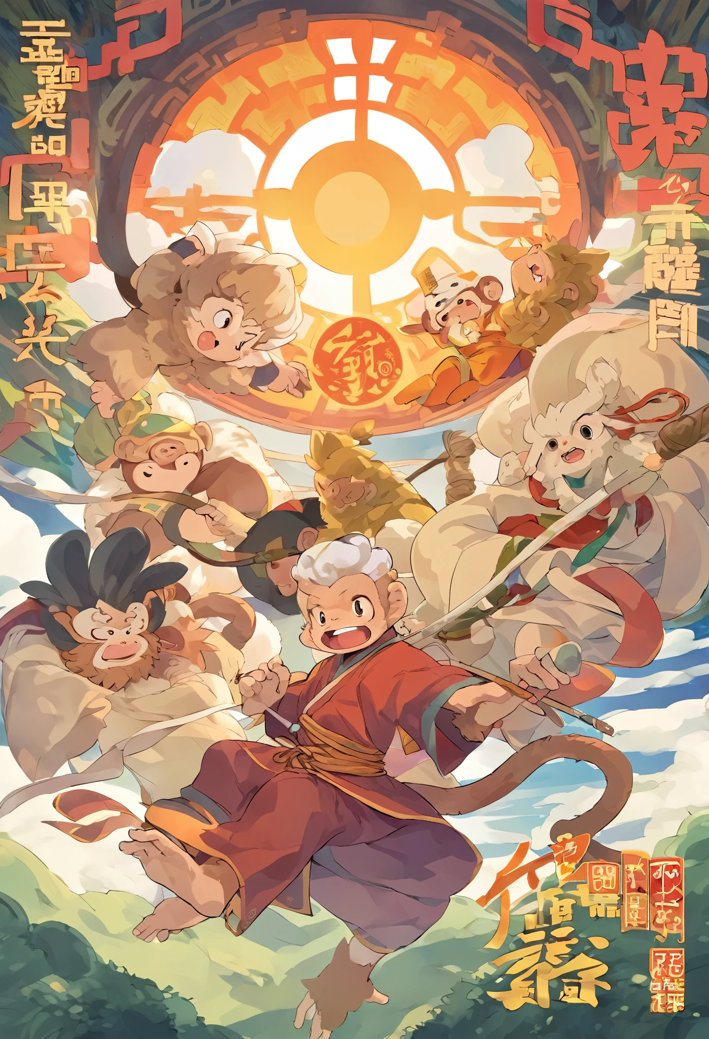 top quality, best quality, High-quality illustrations, masterpiece, super high resolution, detailed background, monkey: a journey to the west, A classic of Chinese literature, this beloved folktale is part adventure story, Sun Wukong(Sun Wukong), Zhu Bajie(Zhu Bajie), Sagojo(Sha Wujing), Tripitaka(Sanzang),  Adventure story,