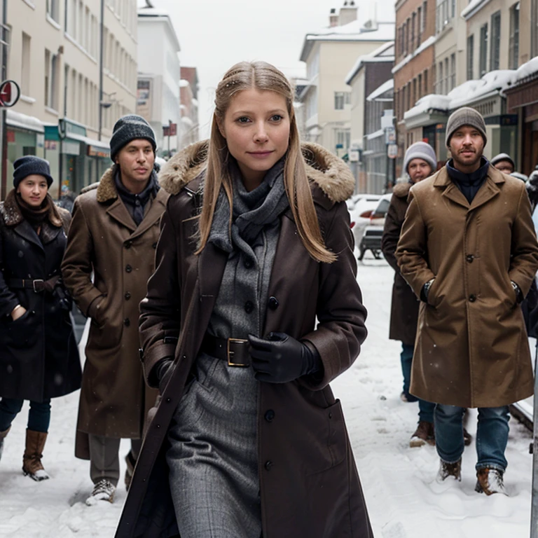 Gwyneth Paltrow in the snow wearing a big coat