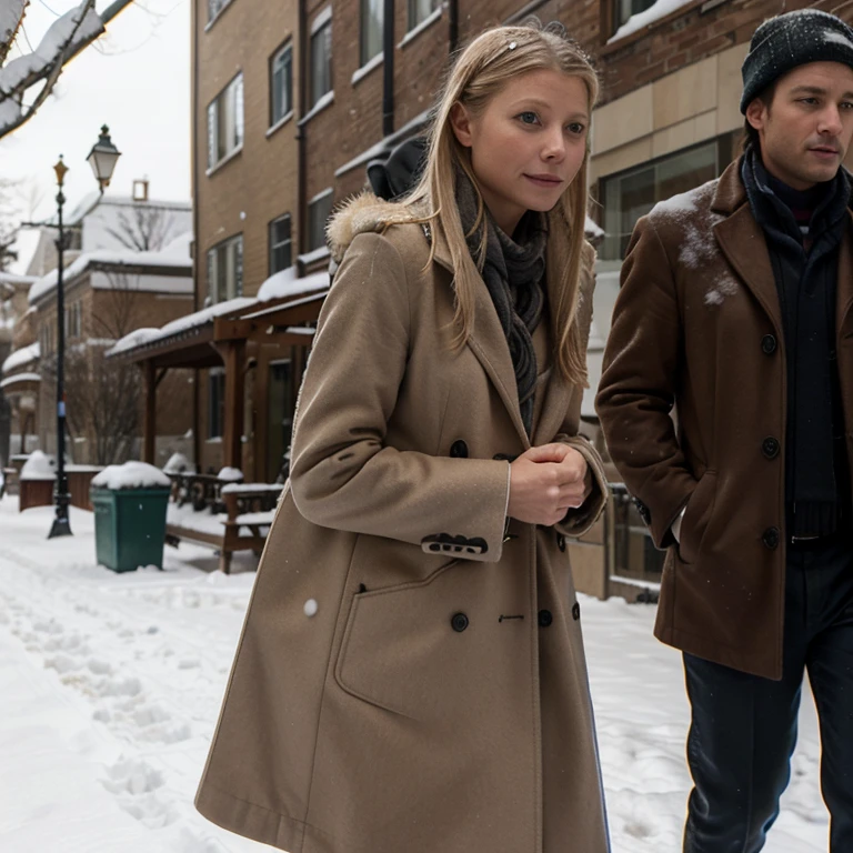 Gwyneth Paltrow in the snow wearing a big coat