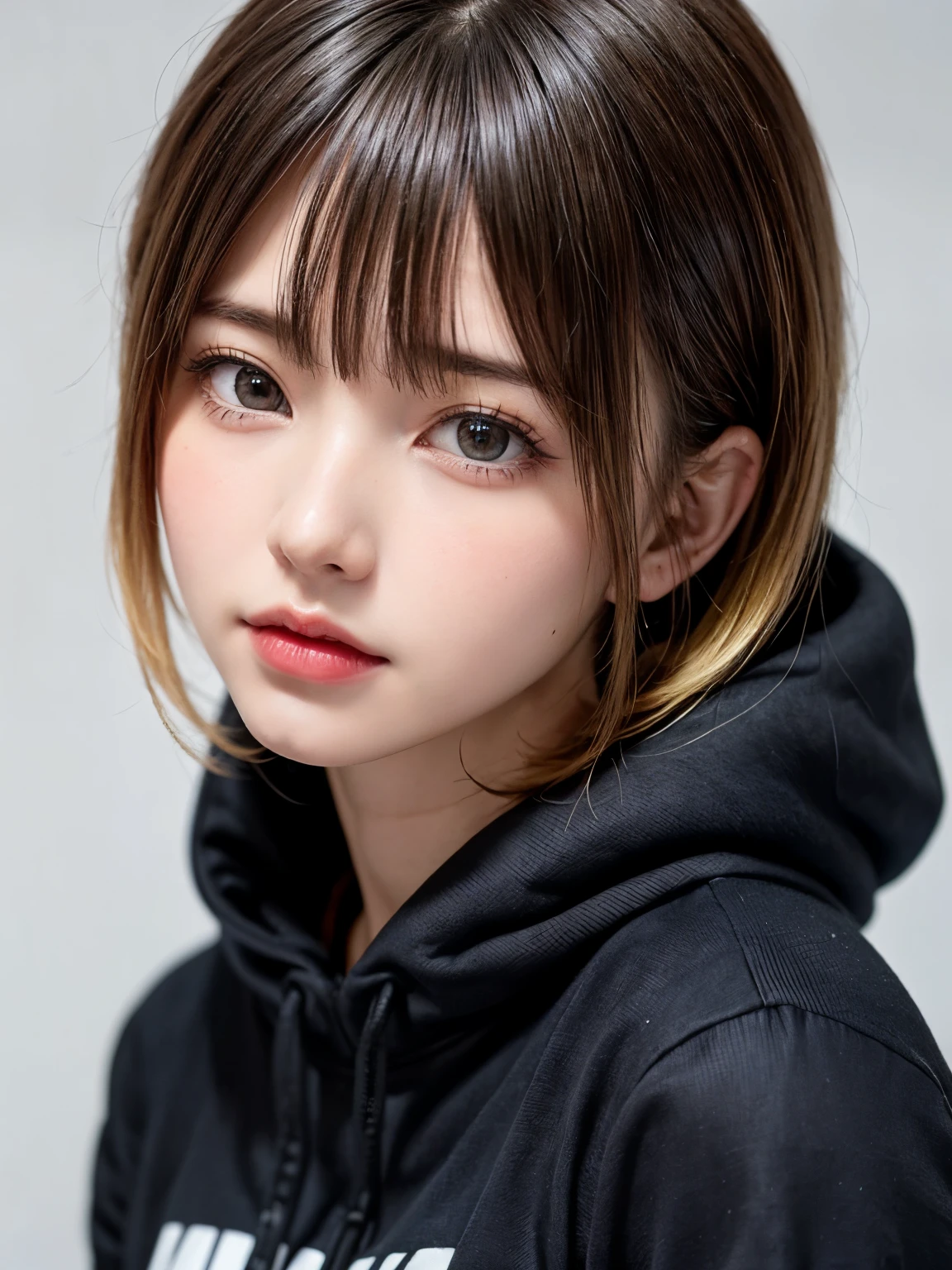 1 girl, alone, alone focus, cowboy shot, portrait, oversized hoodie, aqua green and white hoodie, half aqua, half green, ((brown hair)), (yellow hair), (gradient hair :1.5), curly hair, ((pink eyes)), highly detailed eyes, tan, (dark caramel skin:1.1), highest quality, Super detailed, white background, simple background