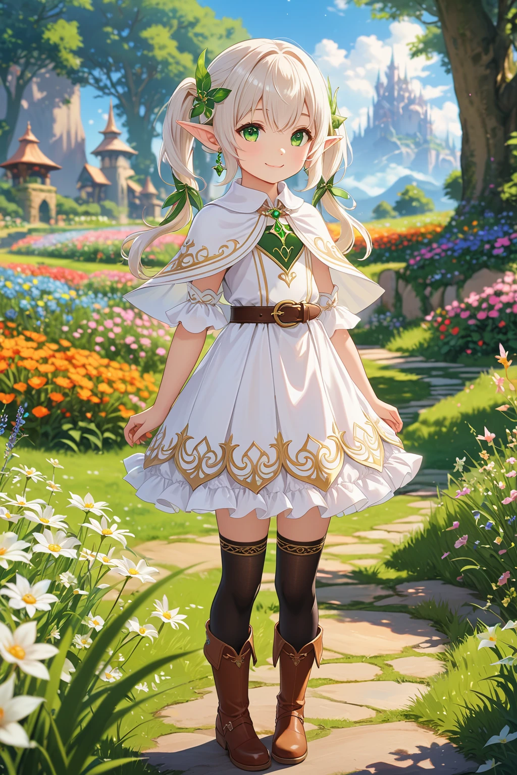 Shinkai Style, background blur, Depth of field, game scene, masterpiece, HD, best quality, 16k,1girl, solo, long hair, looking at viewer, smile, bangs, thighhighs, dress, twintails, jewelry, green eyes, standing, full body, flower, white hair, earrings, boots, outdoors, sky, day, pointy ears, belt, black thighhighs, white dress, capelet, brown footwear, arms behind back, grass, elf, white capelet, lalafell, uafs, nahida