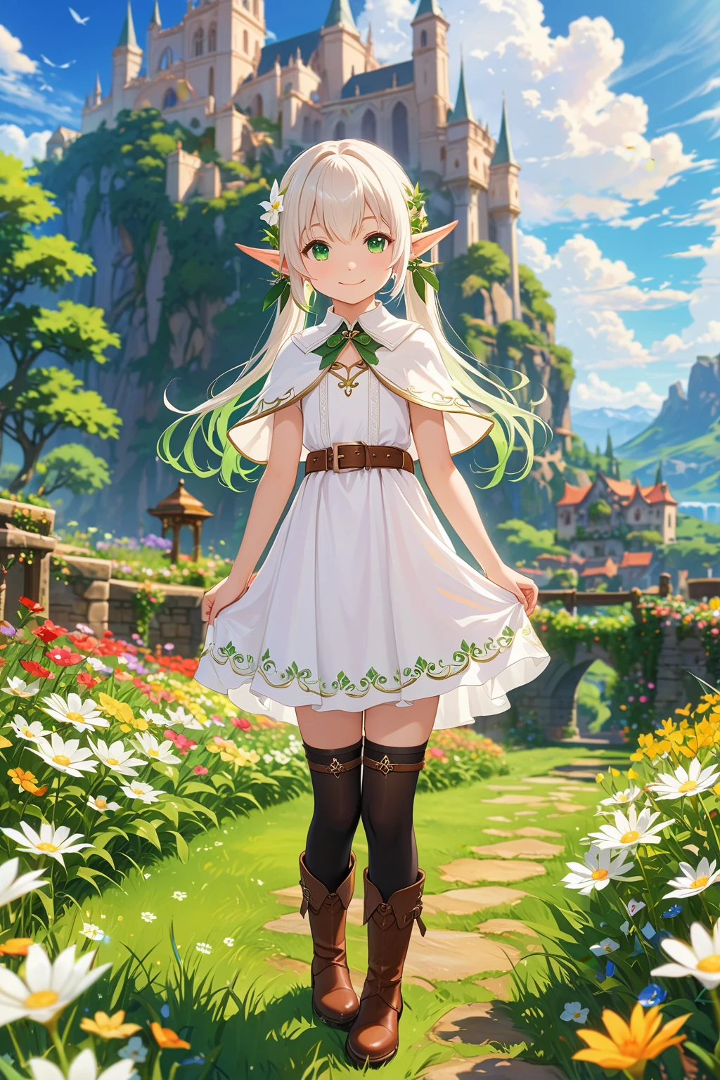 Shinkai Style, background blur, Depth of field, game scene, masterpiece, HD, best quality, 16k,1girl, solo, long hair, looking at viewer, smile, bangs, thighhighs, dress, twintails, jewelry, green eyes, standing, full body, flower, white hair, earrings, boots, outdoors, sky, day, pointy ears, belt, black thighhighs, white dress, capelet, brown footwear, arms behind back, grass, elf, white capelet, lalafell, uafs, nahida