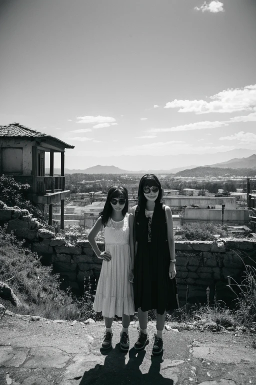 desolation,ruins,end of the century.narrow eyes,Showa,Glasses,girls,adventure,black and white,