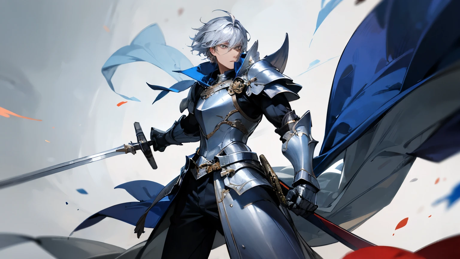 Draw a man in silver armor、Armed with a sword,A warrior with great courage and sense of justice