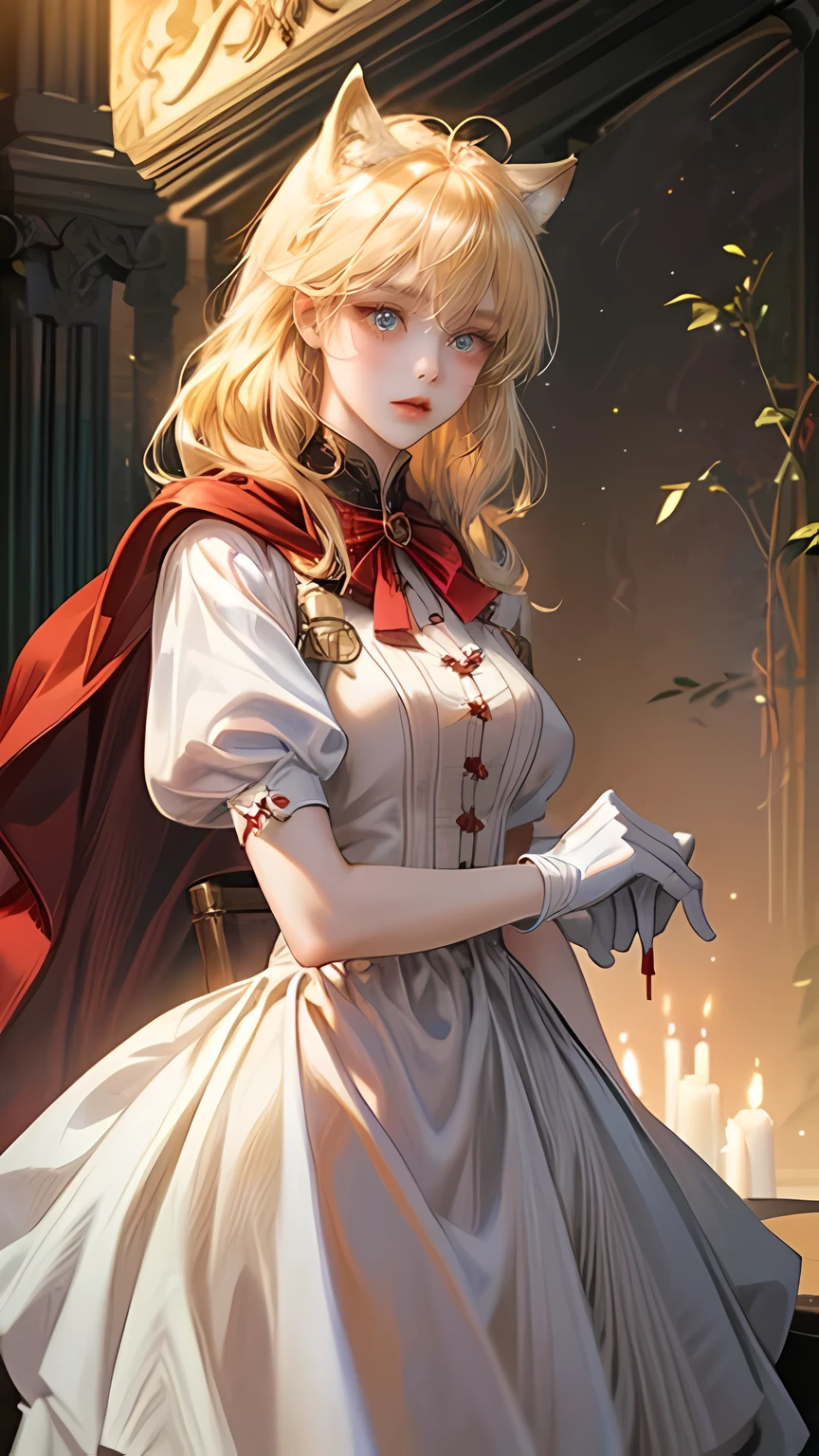 Masterpiece, Best Quality, Official Art, (Highly Detailed CG Unity 8k wallpaper), Detailed background, (A girl with blonde hair, Red hood and silk short white dress with long white gloves and wolf ears)