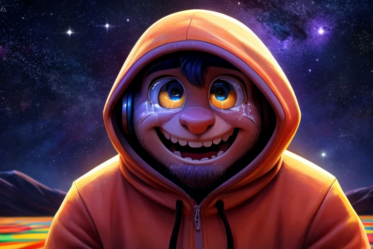 Lone man sitting on the moon observing the universe, very short hair, headphones, hood down, dilated pupils, mismatched pupils, tears, crying with eyes open, streaming tears, wide-eyed, open mouth, grin, facial hair long, bright pupils, smiley, happy, high detail, Color Field painting, En plein air, cinematic lighting, sparkle, glowing light, Pixar, UHD, high details, high quality, best quality, highres, ccurate, super detail, anatomically correct, super detail, anatomically correct