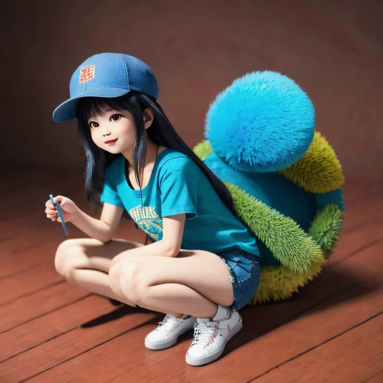 水果女孩,45度,迷你等距离, 深蹲,开朗,非常高兴, 1girl,alternate costume,animal ears,bare legs,black hair,blue shorts,blurry,blurry background,blurry foreground,brown eyes,denim,denim shorts,depth of field,full body,gradient,hand on own knee,hat,lips,long hair,looking at viewer,multicolored hair,nose,open mouth,orange background,outdoors,photo \(medium\),realistic,red footwear,shadow,shirt,shoelaces,shoes,short sleeves,shorts,signature,smile,sneakers,solo,squatting,straw hat,t-shirt,tail,v,white shirt