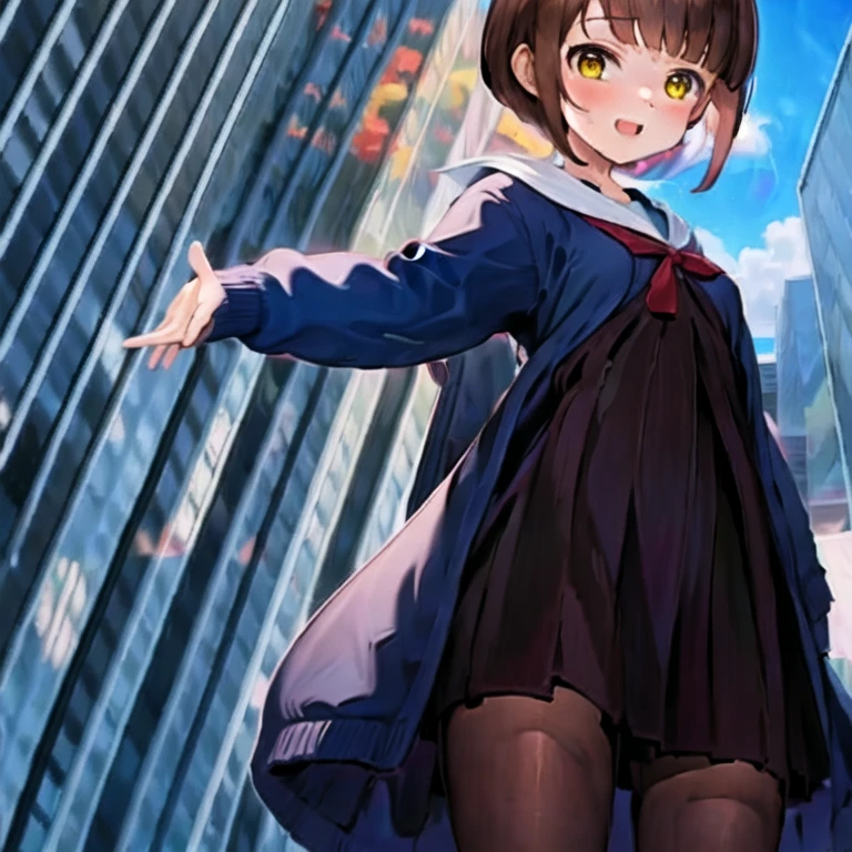 (masterpiece, best quality:1.2), 1girl, solo, brown short hair, yellow eyes, brown skirt, black tights, ((blue long cardigan)), flat breast