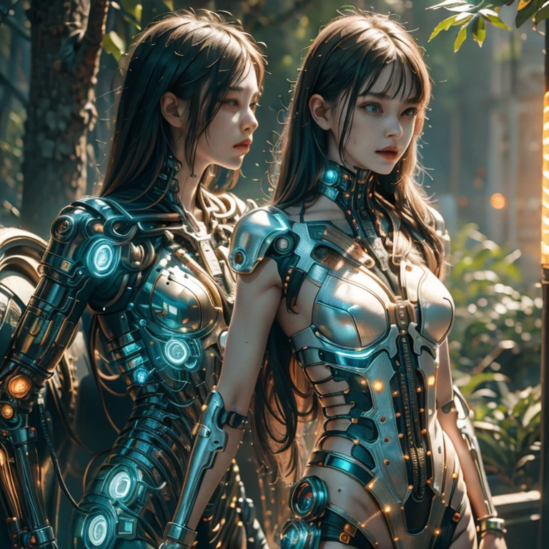 Top quality, masterpiece, Ultra-high resolution, ((Photorealistic: 1.4), raw photo, cyberpunk girl, shiny skin, mechanical girl, (Ultra realistic details)), Mechanical vertebrae attached to the spine, mechanical cervical fixation to the neck, small bright LED lamps, Global Illumination, deep shadows, octane rendering, 8K, ultra sharp, Metal, Intricate ornament details, Baroque details, Very intricate details, realistic light, Trend CGSoation, facing the camera, neon details, (In the Hot Summer Forest). high resolution, hyperrealism, VRAY,