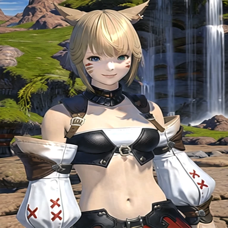 (masterpiece, best quality:1.2,simple background,white background,anime style),1girl,solo,miqote \(final fantasy\),animal ears,belt,blonde hair,breasts,cat ears,green eyes,looking at viewer,miqo'te,short hair,smile,crop top, detached sleeves,face tattoo,skirt