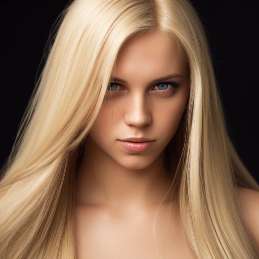photo of an attractive blonde woman with long hair, looking at the camera, portrait photography, in the style of studio lighting, shot on Hasselblad 500 C/M --ar 73:128 --stylize 750