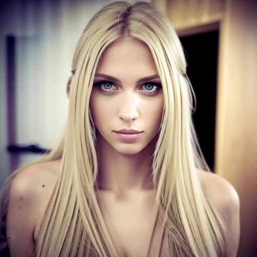 photo of an attractive blonde woman with long hair, looking at the camera, portrait photography, in the style of studio lighting, shot on Hasselblad 500 C/M --ar 73:128 --stylize 750