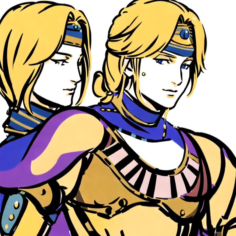 (masterpiece, best quality:1.2,simple background,white background,anime style),1boy,solo,gordon \(final fantasy\),belt,blonde hair,buckle,circlet,blue eyes,headband,scarf,purple cape,looking at viewer,smile