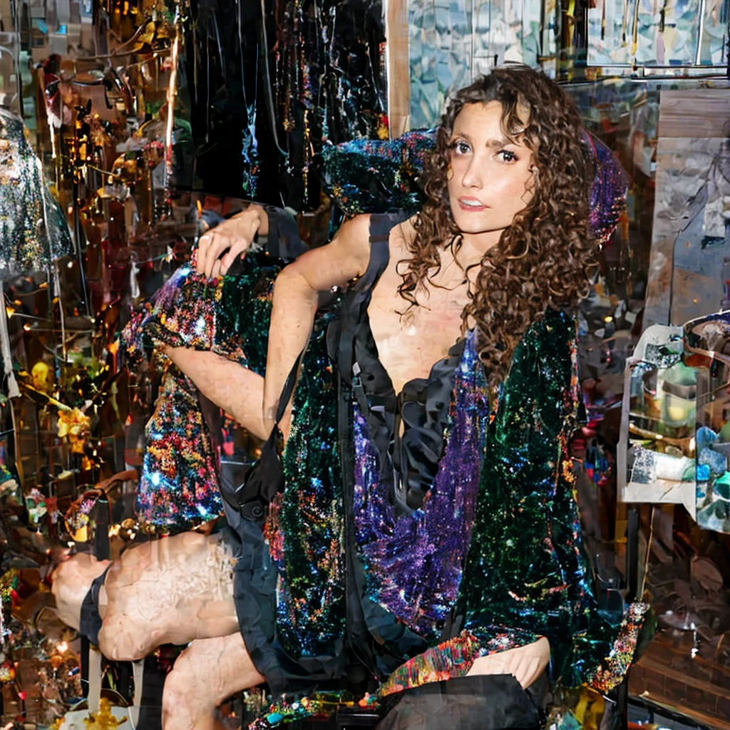 (masterpiece, best quality:1.2), Lou, 1girl, solo, sitting on a chair in a dark bedroom, flash lighting, curly medium hair