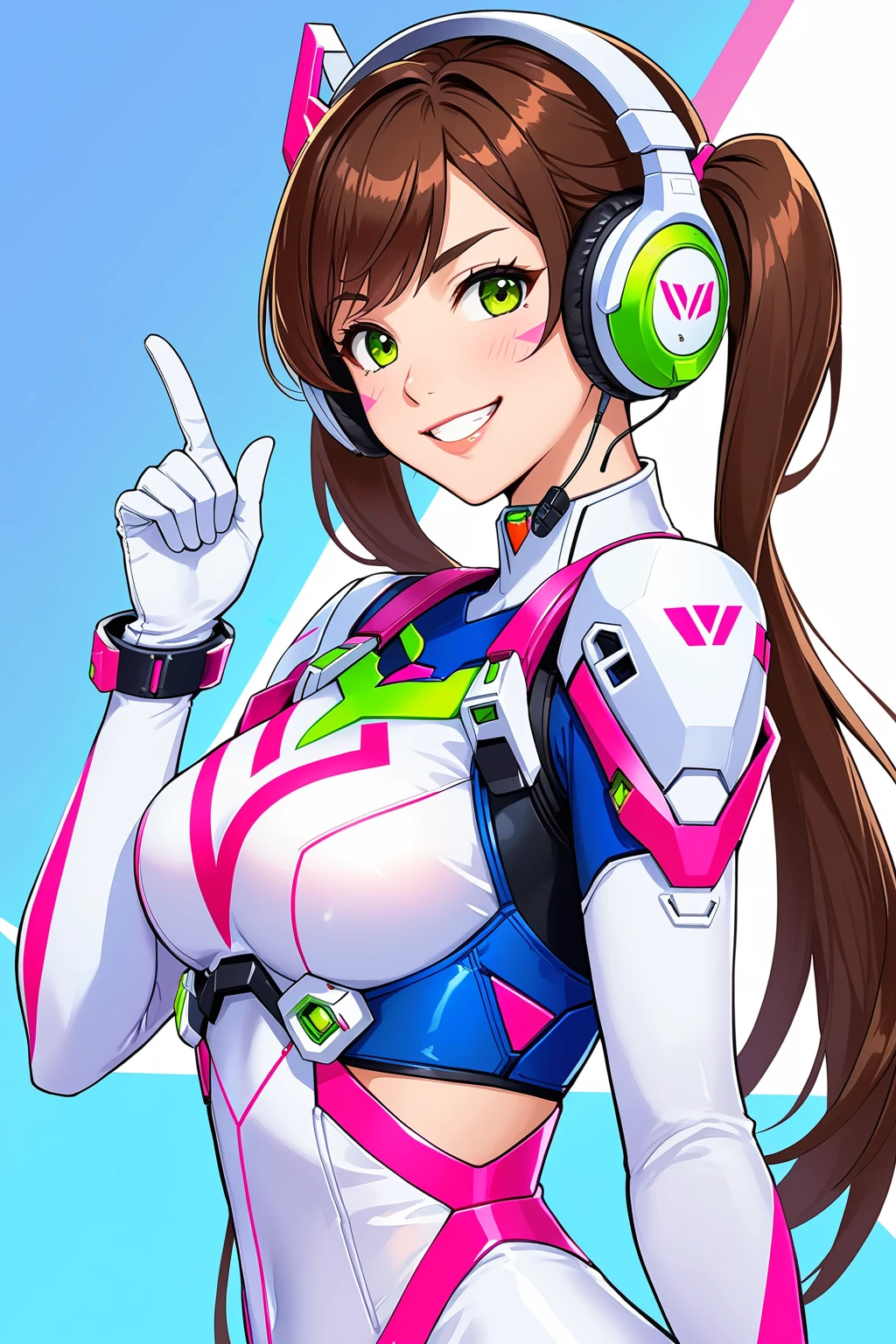 beautiful, Camel toe, maximum resolution, 8k, photorealism, Woman cosplaying DVA from Overwatch, wearing tight clothes and smiling at the camera. high quality, technological setting.
