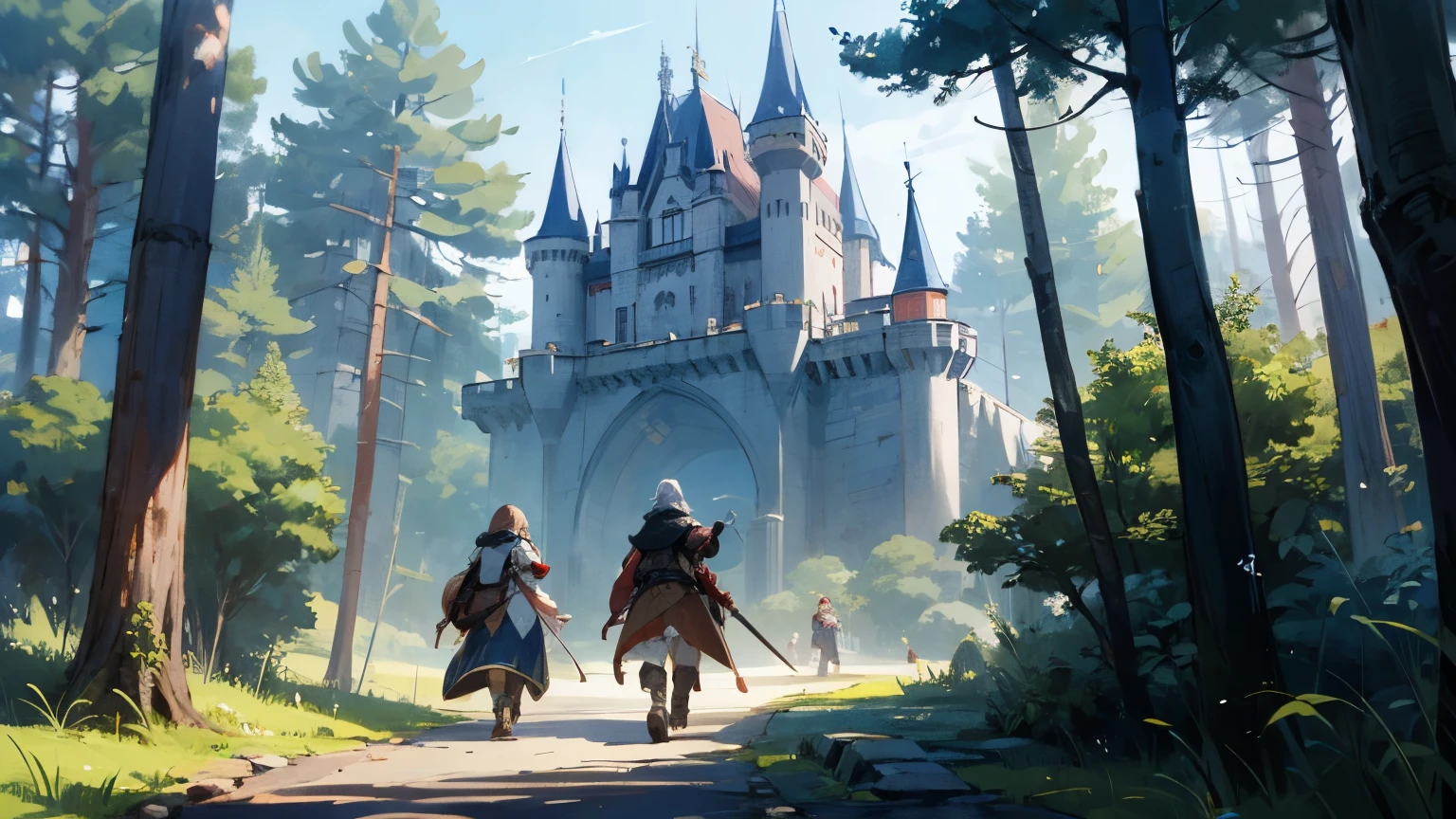 Two warriors set out on their journey,walking through a forest,Crossing the Rivenally arrived in front of the black castle