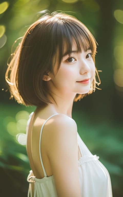 masterpiece, highest quality, 8K, 1 girl, 日本のcute女の子, In summer, forest, stream, out of focus, 18, big breasts, mouth is slightly open, cute, alone, sad, sad, summer dress, girly, delicate girl, pure beauty, Raw photo, professional photography, portrait, soft light, professional lighting, Backlight, Upper body, see the beholder, Sophisticated, film grain, (Eye and face details:1.0), Short hair swaying in the wind, beautiful flowing brown hair,