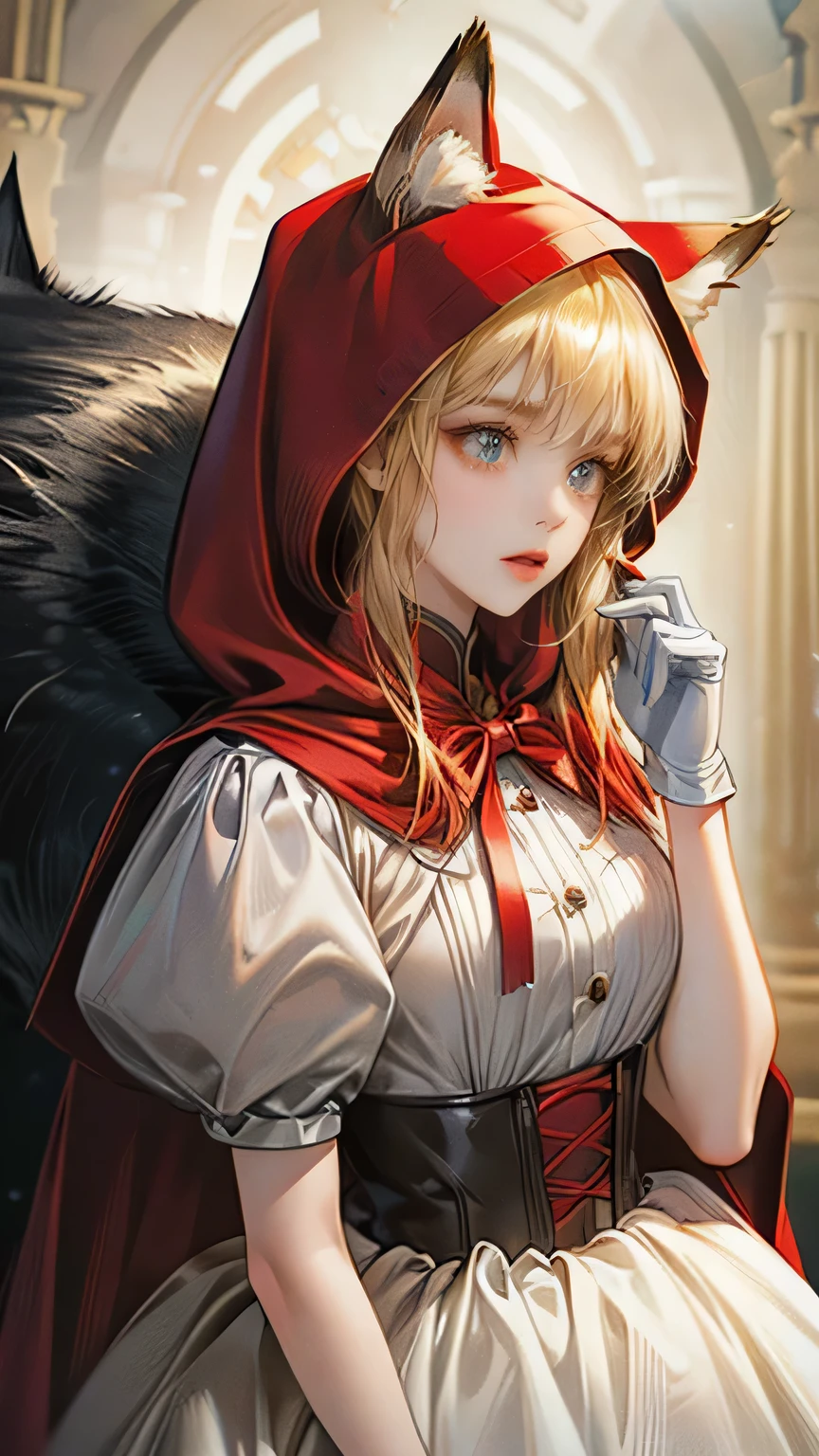 Masterpiece, Best Quality, Official Art, (Highly Detailed CG Unity 8k wallpaper), Detailed background, (A girl with blonde hair, Red hood and silk short white dress with long white gloves, with wolf ears and she use her red hood)