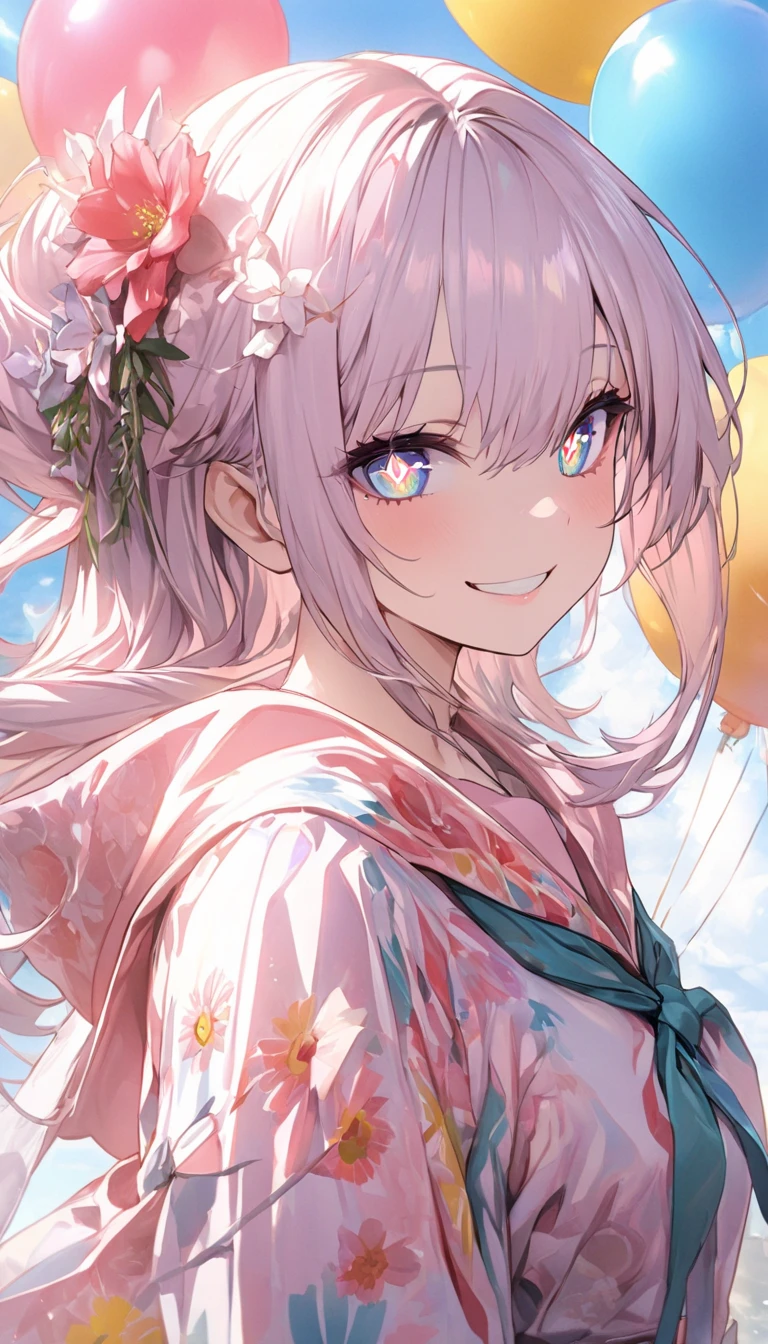 (highest quality、masterpiece、High resolution、detailed),(Shining eyes、detailed美しい顔)、4K、(smile), BREAK,(1 girl)、( spring clothes:1.4、pale pastel colors:1.5), colorful hair, (Colorful multiple balloons:1.8)、(Random heart shaped balloons:1.4)、(bless:1.4)、outdoor,blue sky,(Upper body),(beautiful anime)、dynamic angle