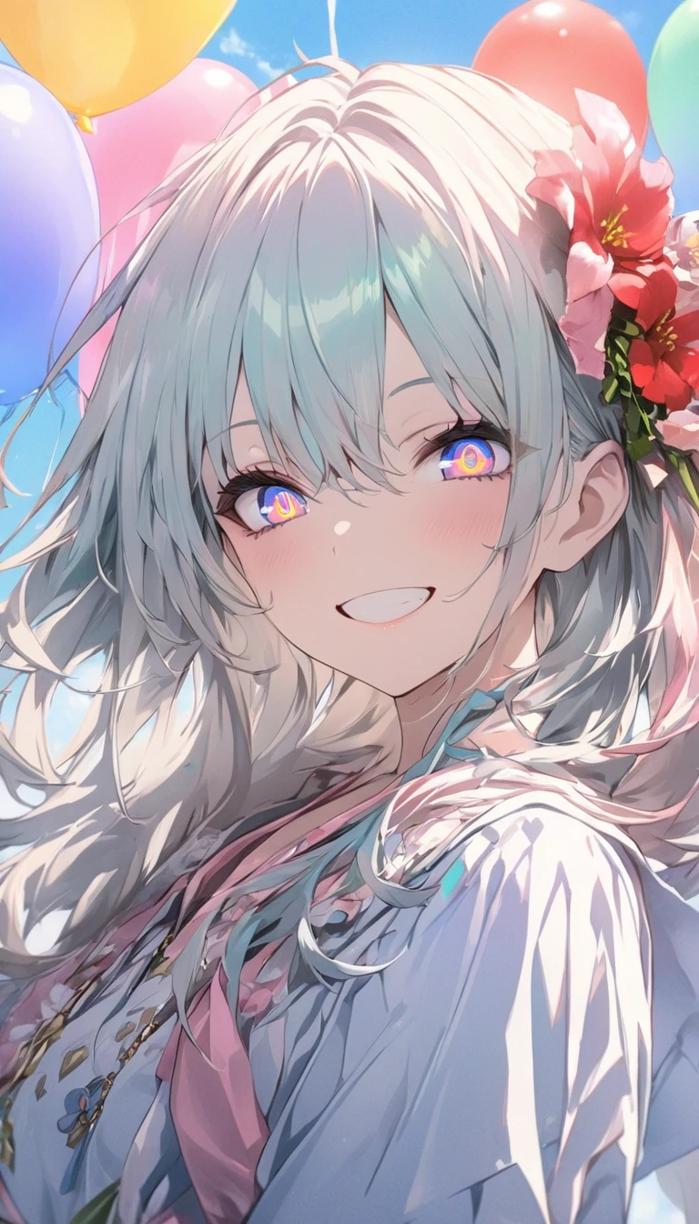 (highest quality、masterpiece、High resolution、detailed),(Shining eyes、detailed美しい顔)、4K、(smile), BREAK,(1 girl)、( spring clothes:1.4、pale pastel colors:1.5), colorful hair, (Colorful multiple balloons:1.8)、(Random heart shaped balloons:1.4)、(bless:1.4)、outdoor,blue sky,(Upper body),(beautiful anime)、dynamic angle