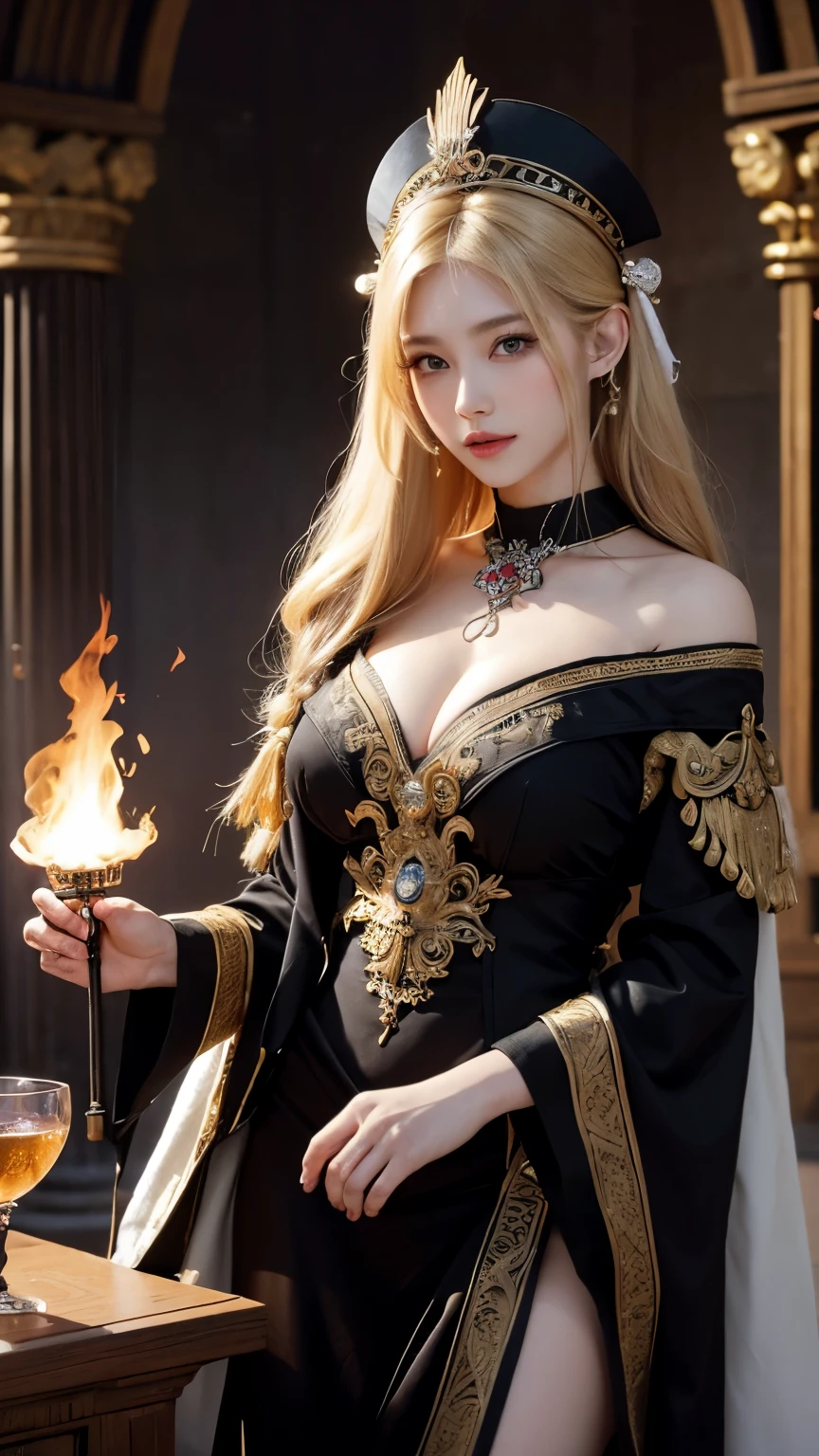 The beings that protect the spirits of fire and ice are working hard to end the conflict between the two. They stand on the border between fire and ice, trying to mediate between the two. 8k , HD, highly detailed, realistic, photography, photo realism, --ar 9:16 -- at 6.0 --s 750,19 years old, alone, Long Hair, View your viewers, Blonde, Brown eyes, gem, whole body, Realistic, Sexy、Big Breasts 、stockings、clip on earrings,during,bracelet、embarrassed,blouse、