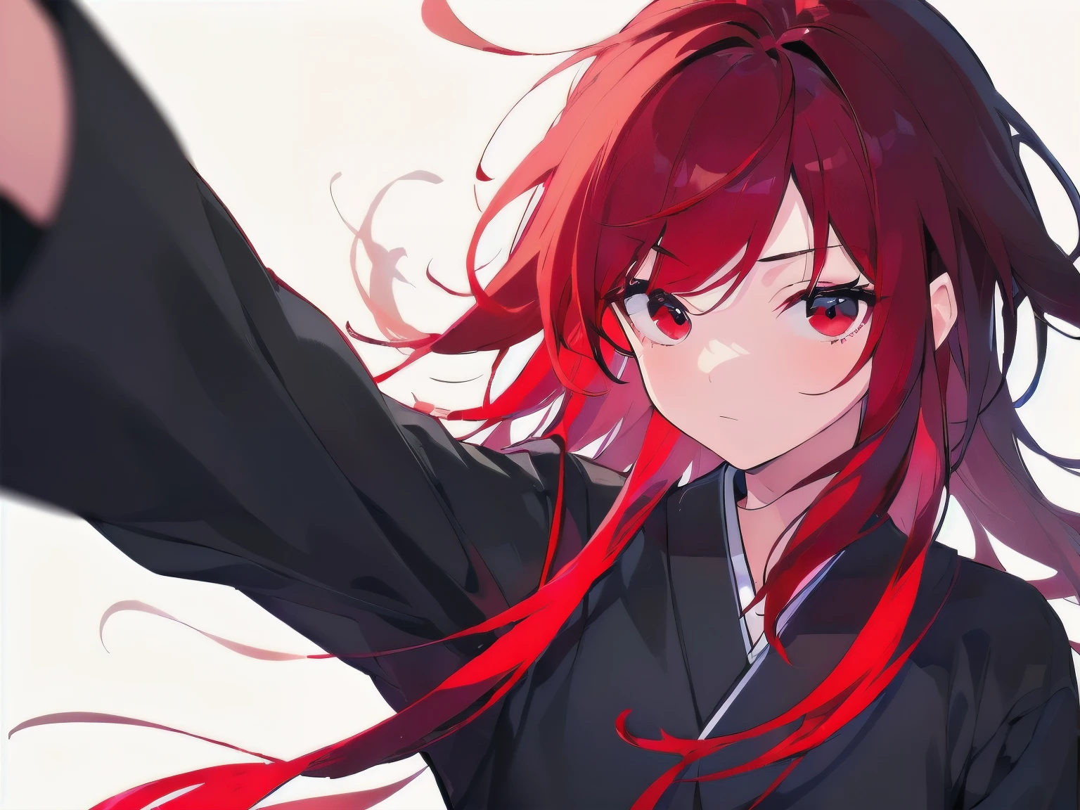[(white background:1.5),::5], ((((masterpiece)))), high quality, ultra high resolution, full color, (((alone))), (()), black hair, ((red hair)), black eyes, japanese cartoon movies, upper body, neon lights, black clothes, upper body,