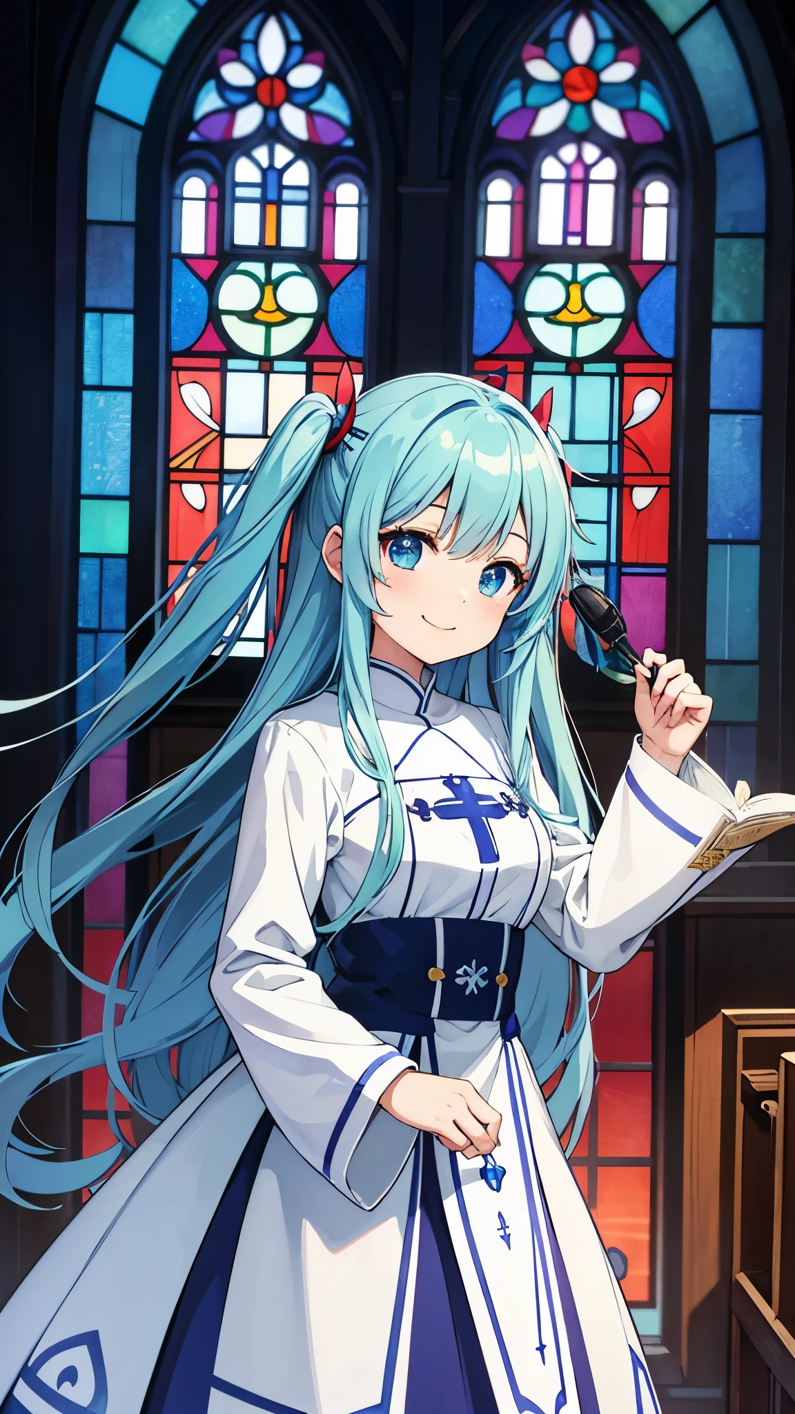 church、Vivid stained glass、Beautiful girl with a smile、light blue long hair、A beautiful girl priest with twin tails, anime moe art style, in a dress, Gweiz, clean detailed anime art, Pixiv contest winners, Also