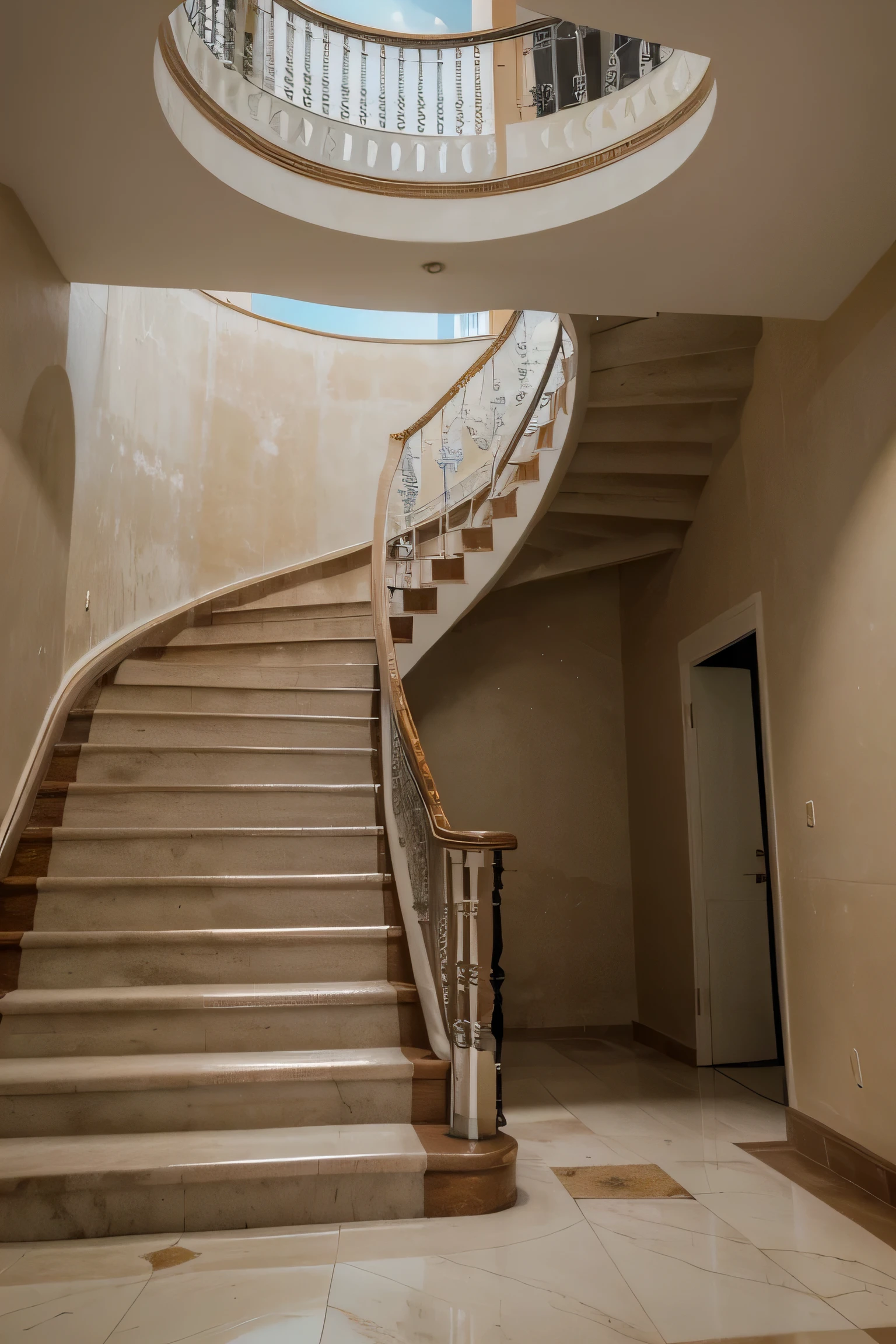((Mejor calidad)), ((obra maestra)), (detallado), una escalera que conecta varios pisos, the photography is hyperrealistic, It is taken with a wide angle and the angle of capture of the photo is at the eye of the staircase. las escaleras son blancas con negro