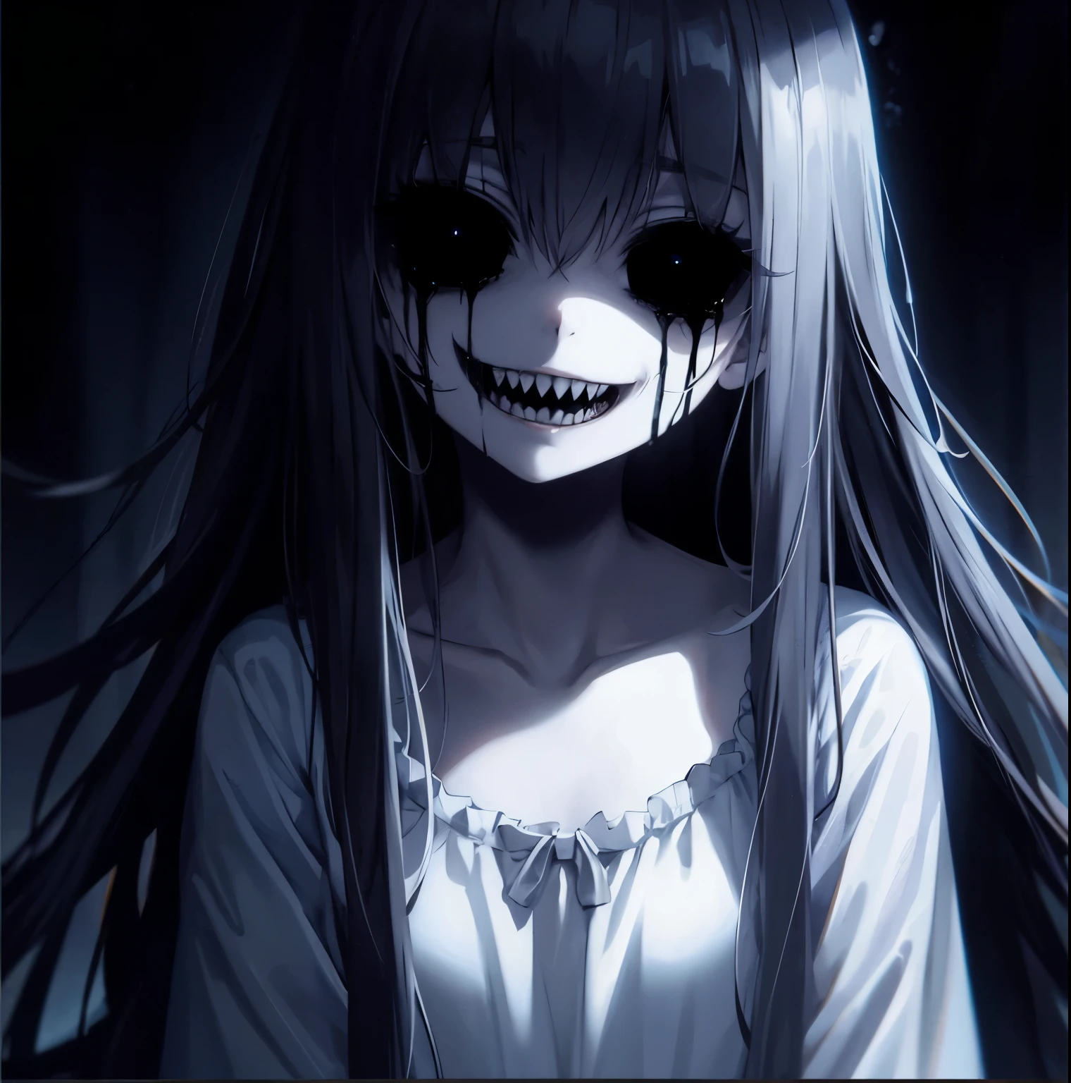  spooky anime style, [[[[Olheiras]]]], pale skin, cabelos pretos longos, roupas brancas, [[[[olhos totalmente negros e vazios]]]], sadistic smile of yandere with sharp teeth, dark liquid running from the eyes like tears, e um olhar amedrontador. Ambiente com pouca luz.