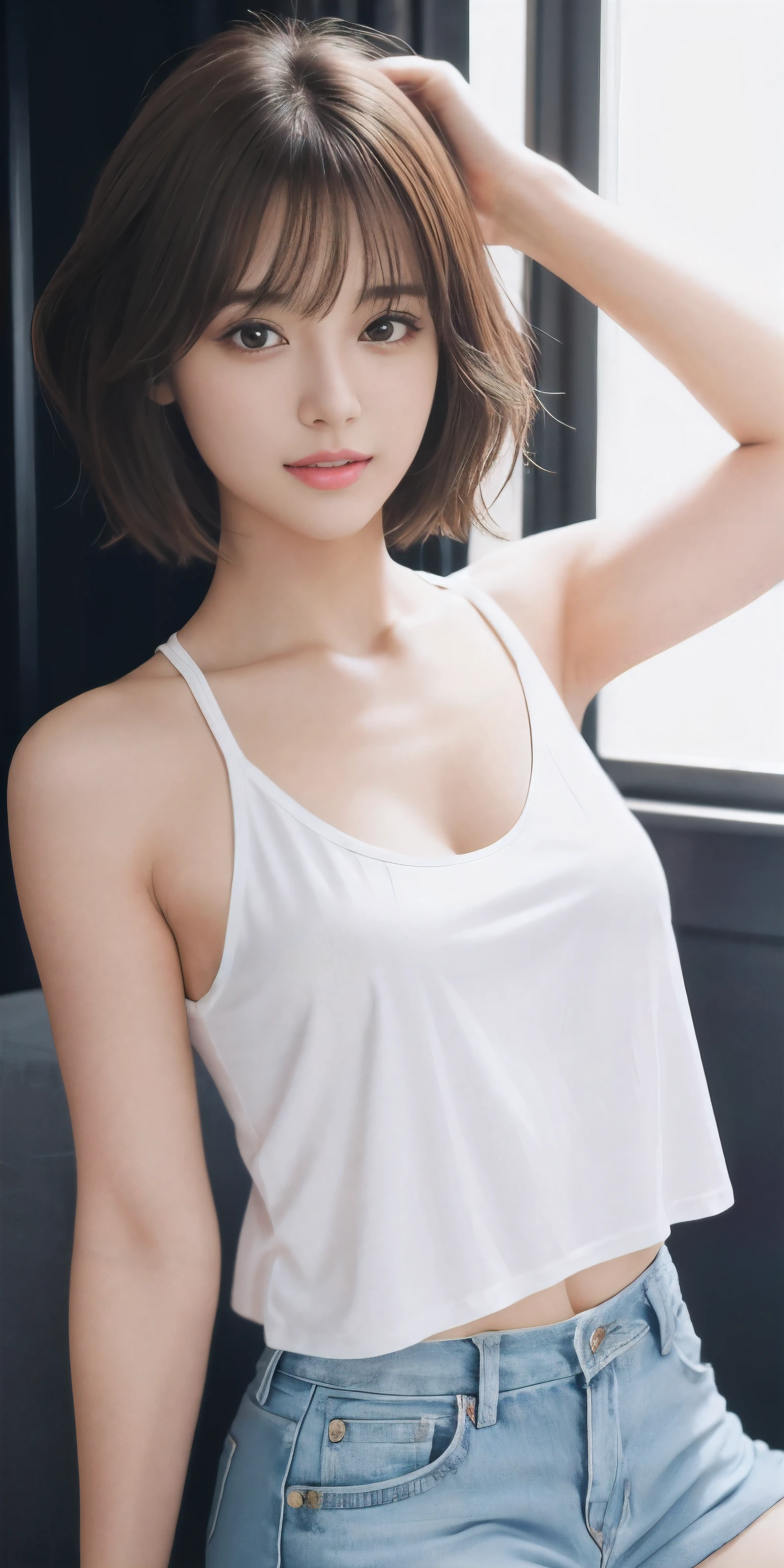 Photoreal、Masseter muscle part、highest quality、High resolution、Raw photo、realistic、bright lighting、face light、smooth professional lighting、japanese woman、Beautiful woman、modeled、gravure、sexy、super beautiful、realistic and beautiful skin、beautiful and detailed eyes、detailed face、slim、、short hair、brunette colored hair、brown eyes、looking at camera、white tank top、shorts、Pose for a photo
