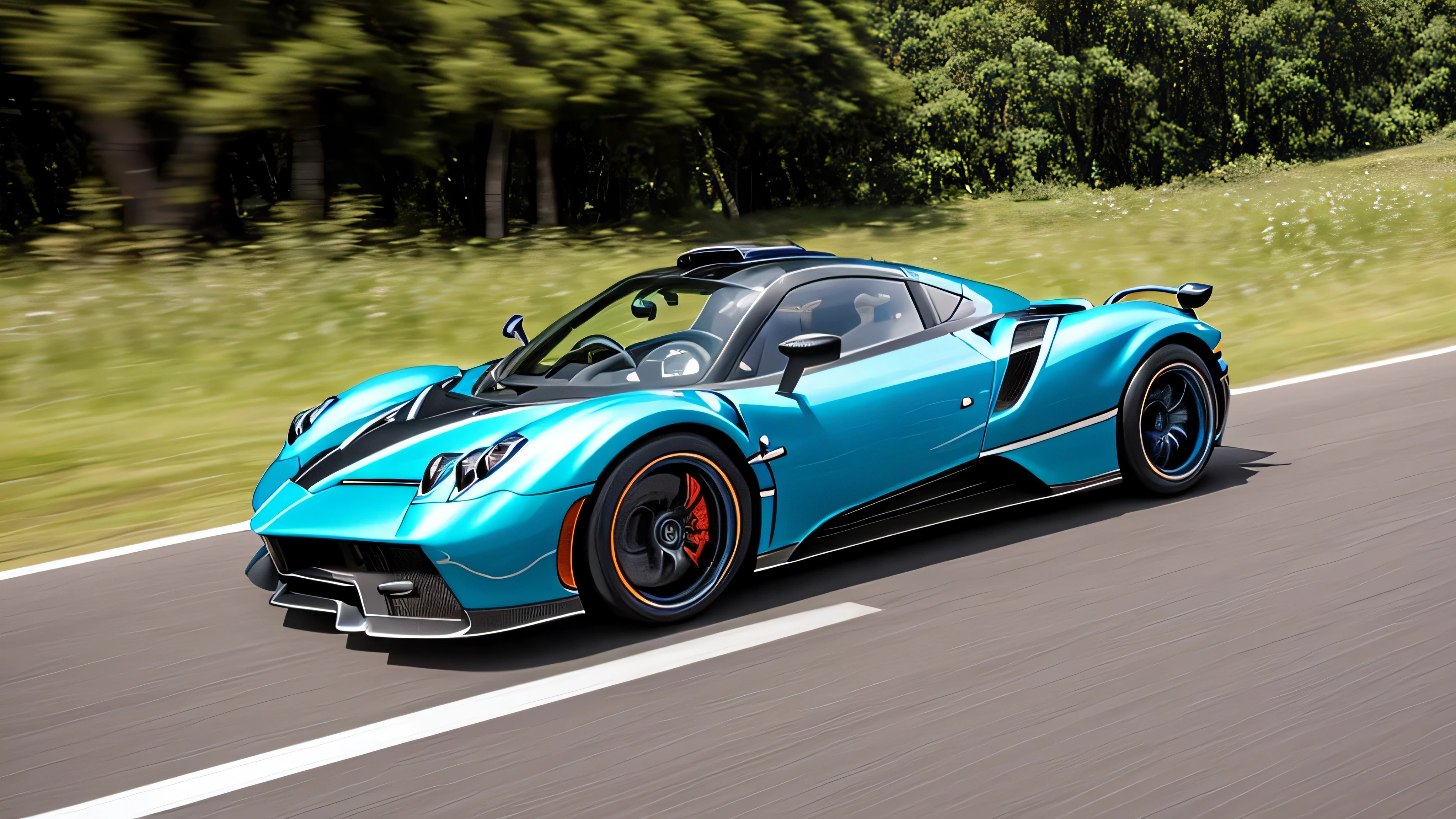 pagani zonta azul claro em alta velocidade, com reflexo do sol se pondo.