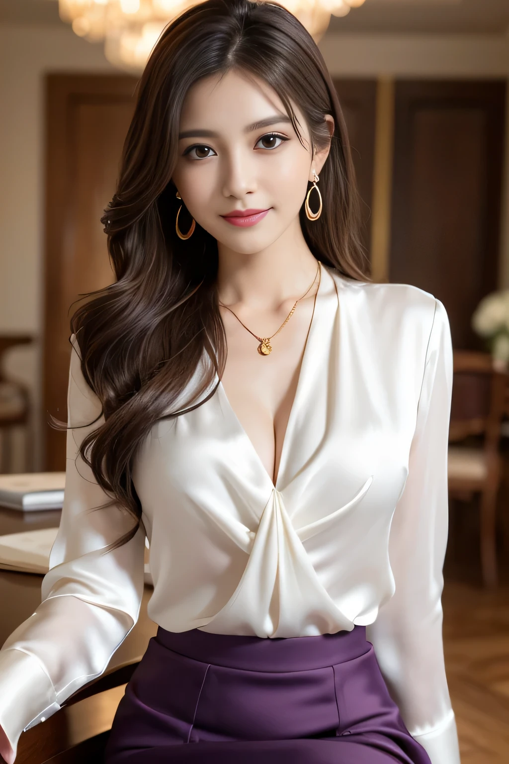 table top, highest quality, realistic, Super detailed, finely, High resolution, 8k wallpaper, 1 beautiful woman,, sharp focus, perfect dynamic composition, beautiful and detailed eyes, thin hair, Detailed realistic skin texture, smile, close-up portrait, model body shape、president&#39;secretary of、mini skirt、high heels、whole body、suit,((brown semi-long hair:1.2))((Hair with loose waves on the inside:1.2)),((gold necklace＿Larger earrings:1.2)),((shy smile:1.3)),((blouse and skirt, Wearing a white silk blouse,Please wear a white shirt and a dark purple skirt.:1.3)), 、whole bodyショット、((Standing whole body figure supermodel, whole bodyがフレーム内に収まる))、in a luxurious room、