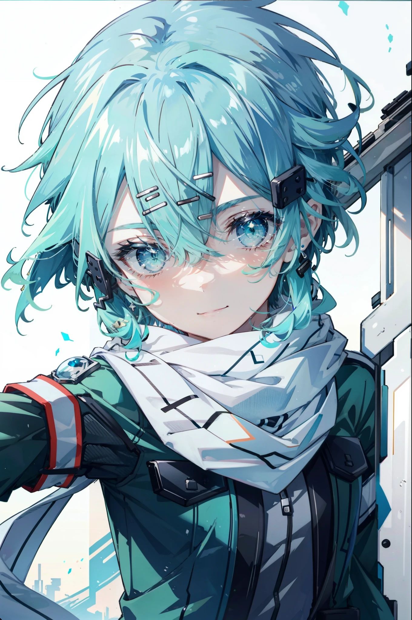 it is_Shino, 1 girl, Otherwise, alone, smile, scarf, gun, arm, hair ornaments, hair clip, looking at the viewer, short hair, rifle, white scarf, hair between eyes, aqua hair, aqua eye, Jacket, Upper body, closed mouth, bangs, sniper rifle, green eyes, blue hair, side lock, shiny hair