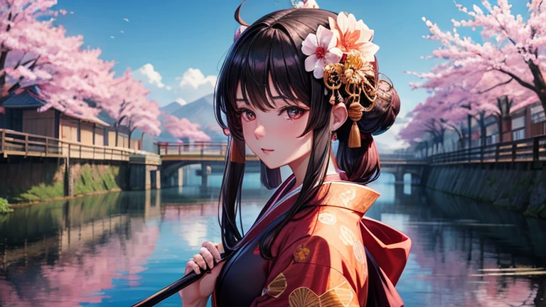a woman in a kimono kimono kimono kimono kimono kimono kimono kimono kimono kimono kimono kimono, character portrait, Inspired by Ma Yuanyu, Trending with ArtStation, fantasy art, anime girl in a black dress, Beautiful art UHD 4K, sakura bloomimg, high detailed face anime, 2 0 2 2 anime style, anime realism, girl portrait