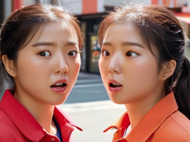 (high resolution, ultra-detailed, photorealistic), sjang and her identical twin bumping into each other for the first time, encounter, first time meeting, (looking at each other:1.1), unexpected, surprised, amazed, strolling, realistic faces, realistic expression, urban background