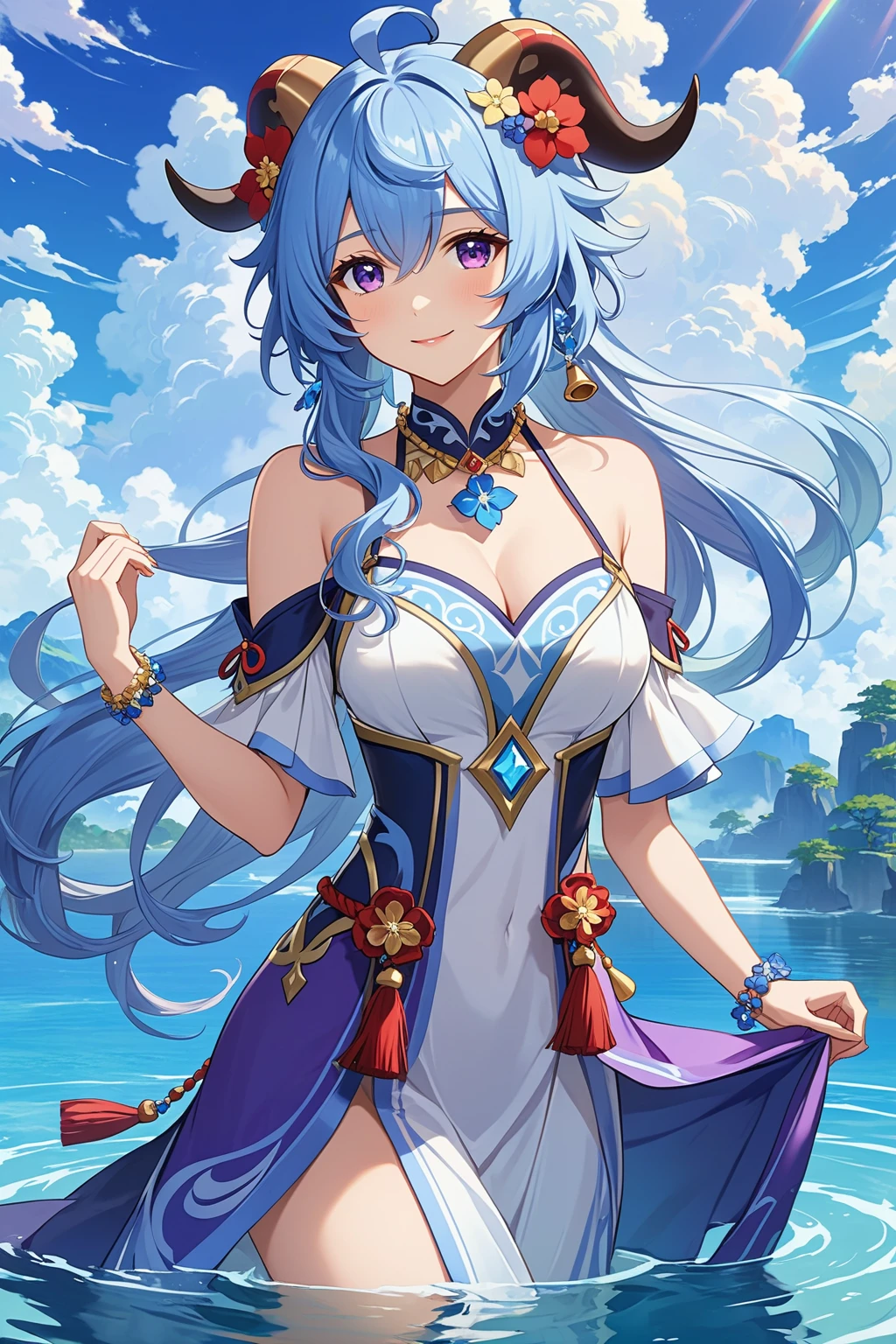 The subject is a single female character with long hair, noticeable breasts, and an engaging gaze towards the viewer. She has a pleasant smile with her mouth slightly open. Her hairstyle includes bangs and sidelocks, complementing her elegant dress adorned with jewelry. She possesses medium-sized breasts and distinctive blue hair that beautifully contrasts with her purple eyes. A flower accessory adorns her head along with an ahoge. The scene takes place outdoors under a sky filled with clouds, where she gracefully raises her arms showcasing delicate bracelets against the backdrop of a serene blue sky. A bell necklace hangs around her neck while she stands in shallow water surrounded by frills and horns. Additionally, she wears an alternate costume featuring tassels and holds a blue flower called "Vision" from the game Genshin Impact, representing the character named Ganyu.