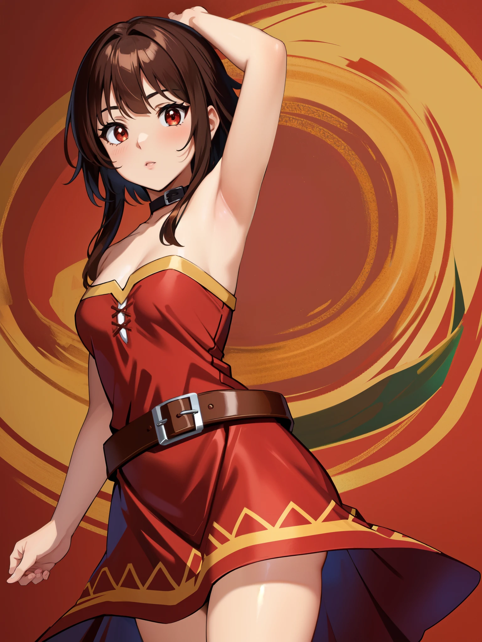 Show your armpits,(masterpiece, highest quality, detailed background, intricate details), 1 girl, Megumin, short brown hair, dress, red dress, have, witch have, belt, choker