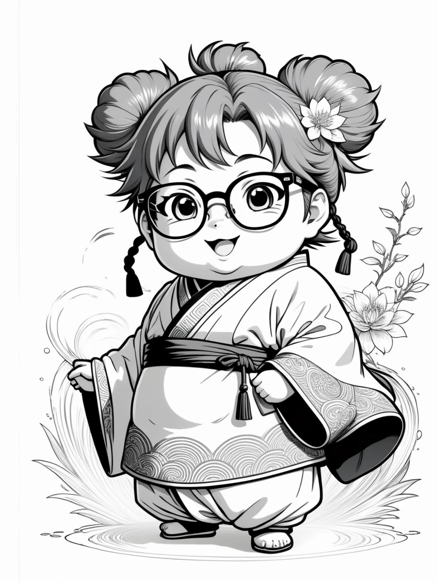 Works by Akira Toriyama,((Anime line drawing:1.8)),((Black Lines)),((grey)),sketch,Chinese traditional elements,Tang Dynasty of China,cute的小猫在戏蝴蝶,wearing glasses,happy,Exaggerated expression,delicate brushstrokes,Rich in details,high quality,cute,chubby,chibi,hairy,我不敢相信它有多cute构图