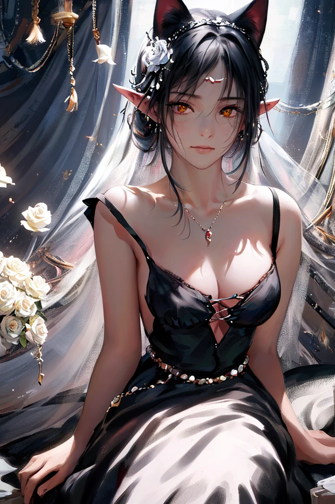 (Best quality, masterpiece, Idyllic), (1 girl, One, black dress, is sitting, I look at the viewer, White hair, Finely detailed red eyes, holding a rose, closed mouth, upper body, cat&#39;s ears, ears invisible, Finely detailed hands ), (red dreamcatcher behind, White flower, ) ears are not visible, beautiful hands, beautiful fingers