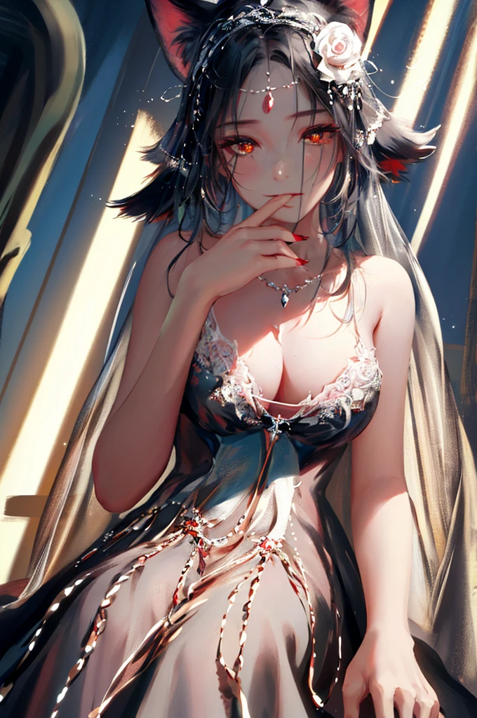 (Best quality, masterpiece, Idyllic), (1 girl, One, black dress, is sitting, I look at the viewer, White hair, Finely detailed red eyes, holding a rose, closed mouth, upper body, cat's ears, ears invisible, Finely detailed hands ), (red dreamcatcher behind, White flower, ) ears are not visible, beautiful hands, beautiful fingers