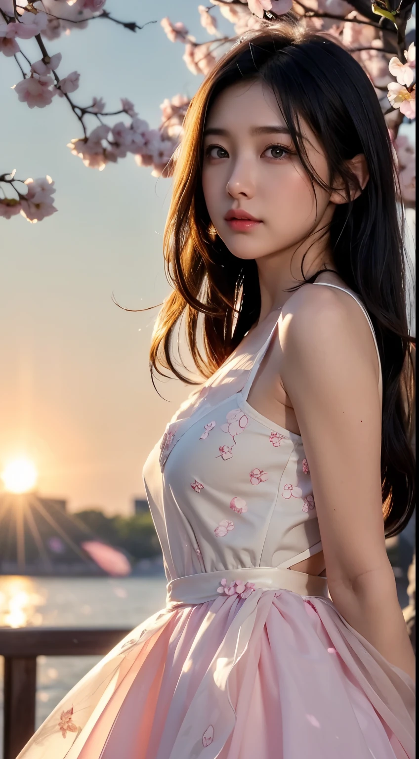 (logo、masterpiece、8K、table top、Raw photo、wonderful、最high quality、フォトリアリスティックでvery detailedな CG 統合 8k 壁紙、high quality、very detailed、Narrative poem、particle effects、dynamic effect、written boundary depth、cinematic light、Lens flare、ray tracing)、fantasy、 (1 beautiful woman、dress、dress、cherry blossom pattern、black haired、beautiful face、real face、beautiful details eyes beautiful skin)、髪がWindで踊る、Hair flutters in Wind、hair bounces、pink cherry tree、petals dance、SakuraFubuki、wonderful景色、sunrise、sun on background、Wind、