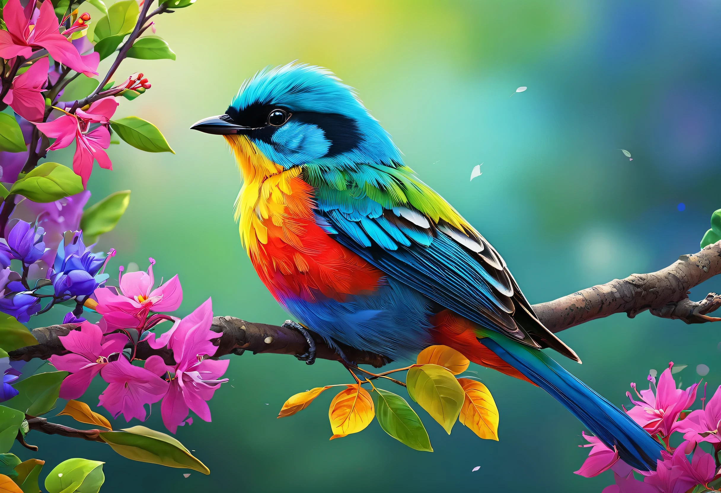 A brightly colored bird perched on a branch with leaves and flowers, Colorful 8 k, colorful hd images, Beautiful art UHD 4K, 4K high-definition digital art, detailed painting 4k, beautiful and colorful, Long colorful bird, Colorful 4K, vivid realistic colors, beautiful digital paintings, 8K high quality detailed art, 4k detailed digital art