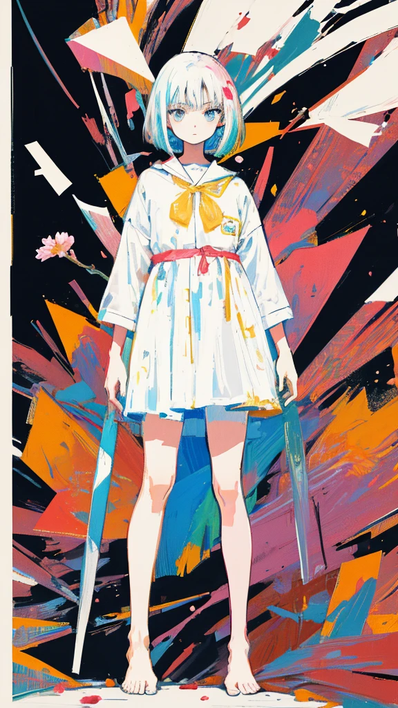 (shape: Huge Gram), (flat color:0.9),(colorful:1.1),(masterpiece:1,2), highest quality, masterpiece, High resolution, original, highly detailed wallpaper, looking at the viewer,,,1 girl,alone,Basquiat style,barefoot,cherry blossoms,black and white