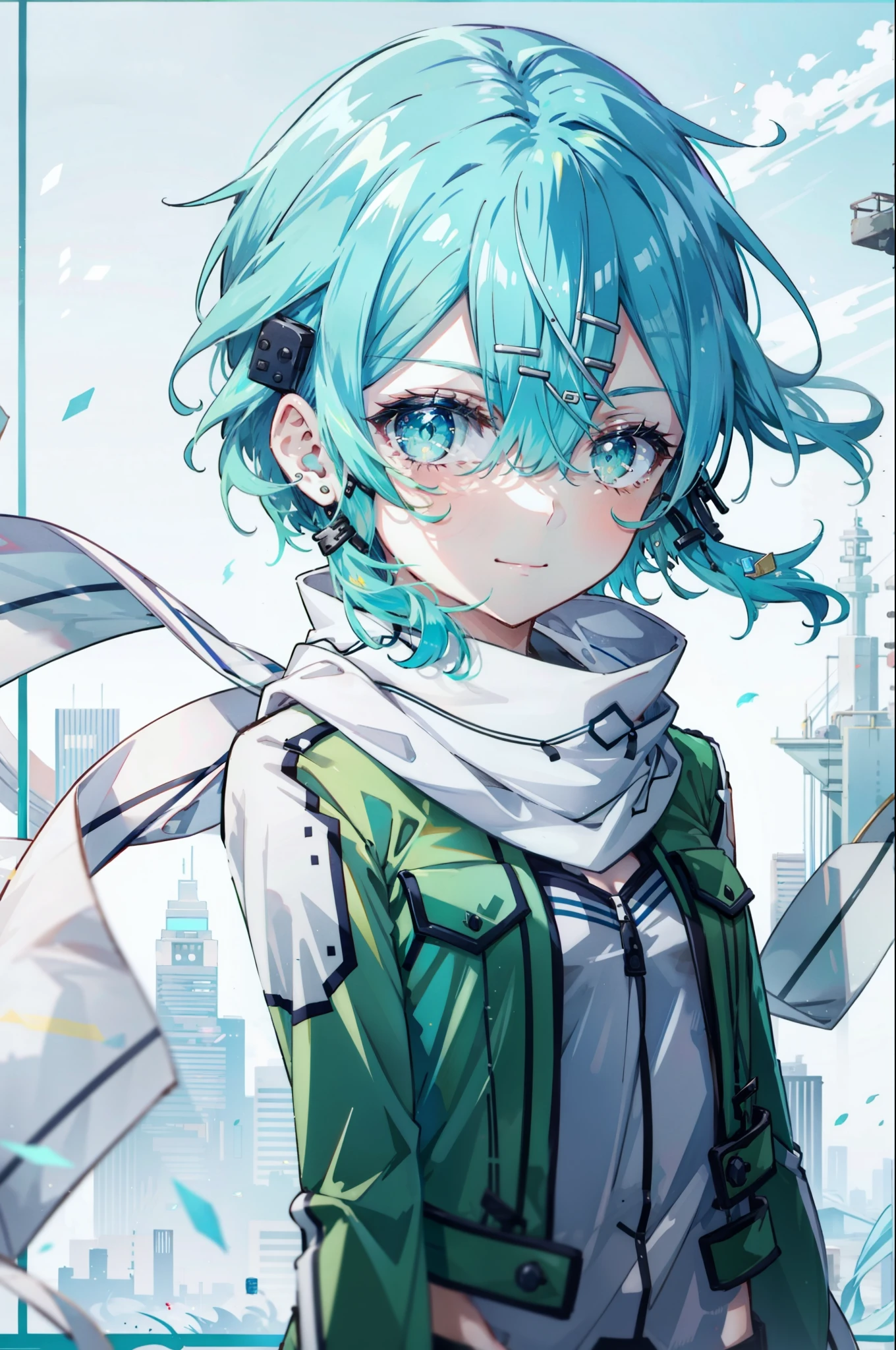 it is_Shino, 1 girl, Otherwise, alone, smile, scarf, gun, arm, hair ornaments, hair clip, looking at the viewer, short hair, rifle, white scarf, hair between eyes, aqua hair, aqua eye, Jacket, Upper body, closed mouth, bangs, sniper rifle, green eyes, blue hair, side lock, shiny hair